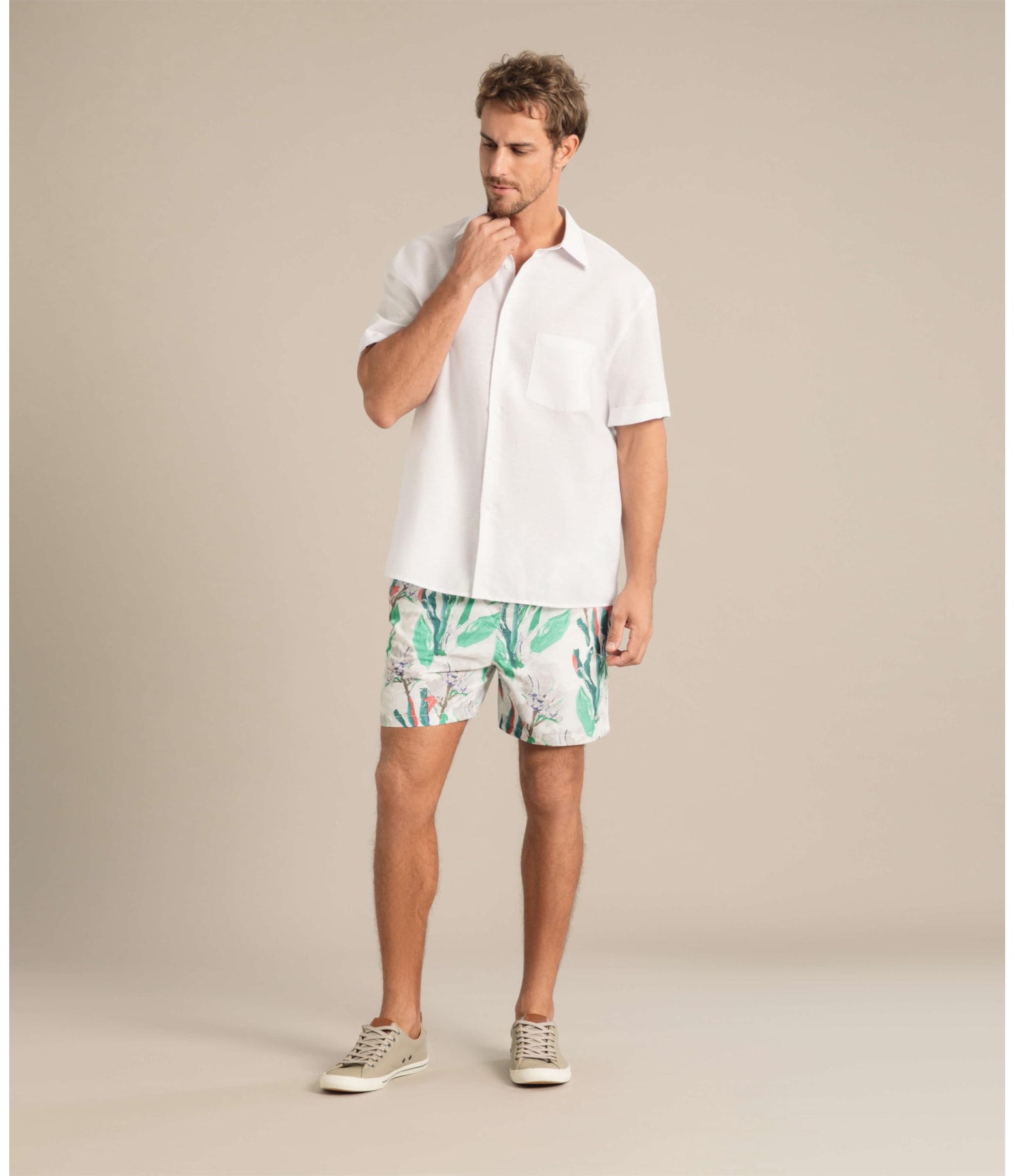Beach Short Canvas Flower Regular Branco