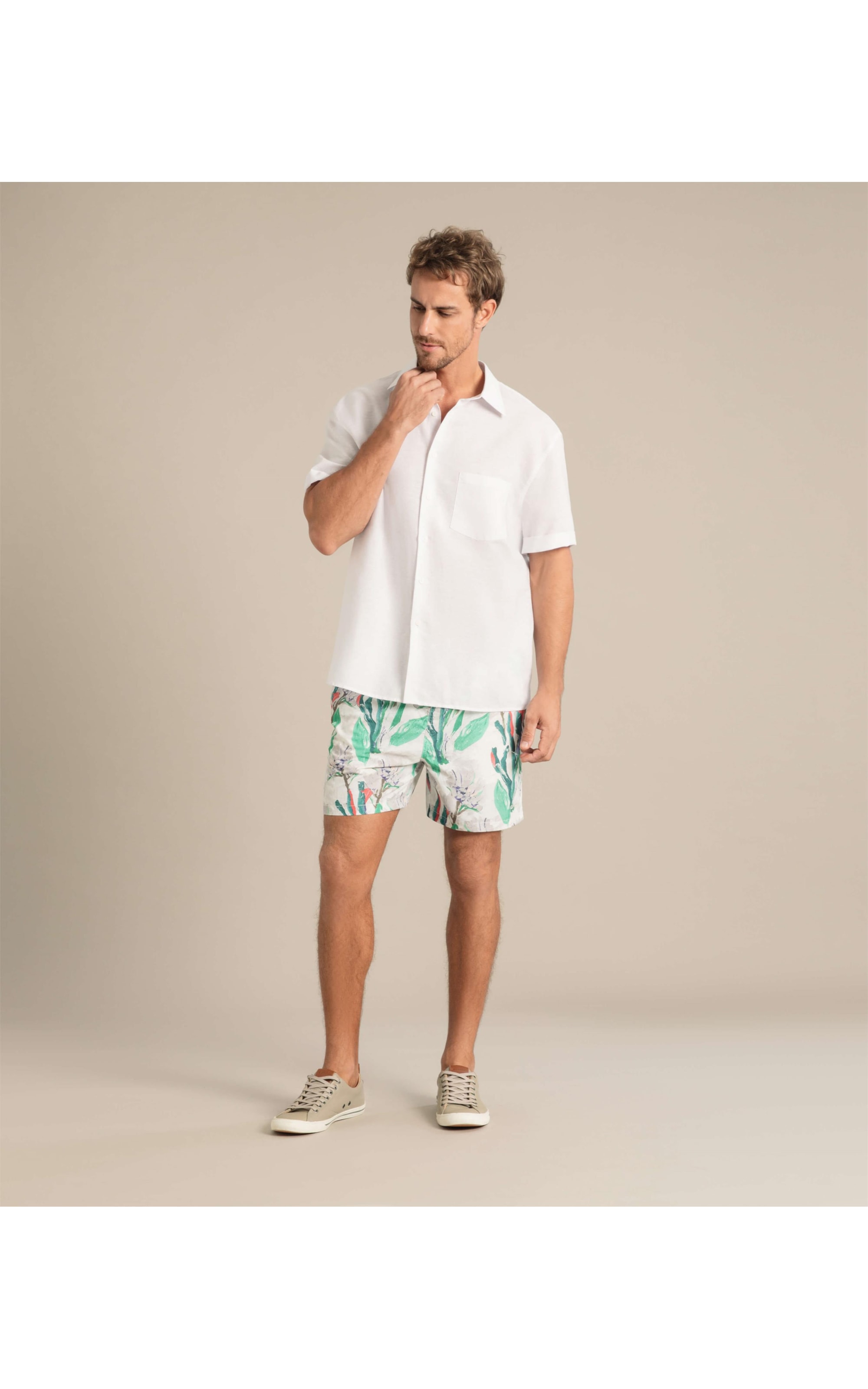 Beach Short Canvas Flower Regular Branco