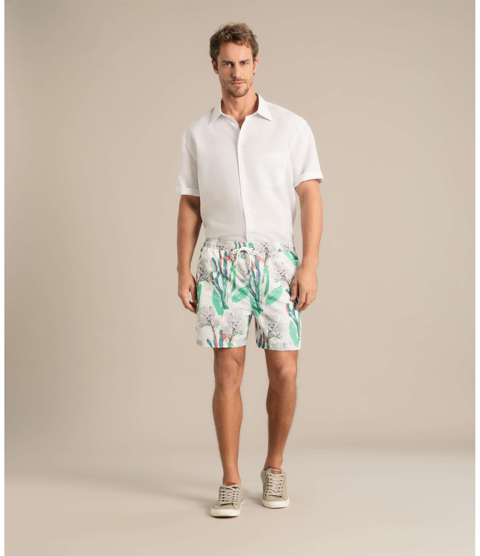 Beach Short Canvas Flower Regular Branco