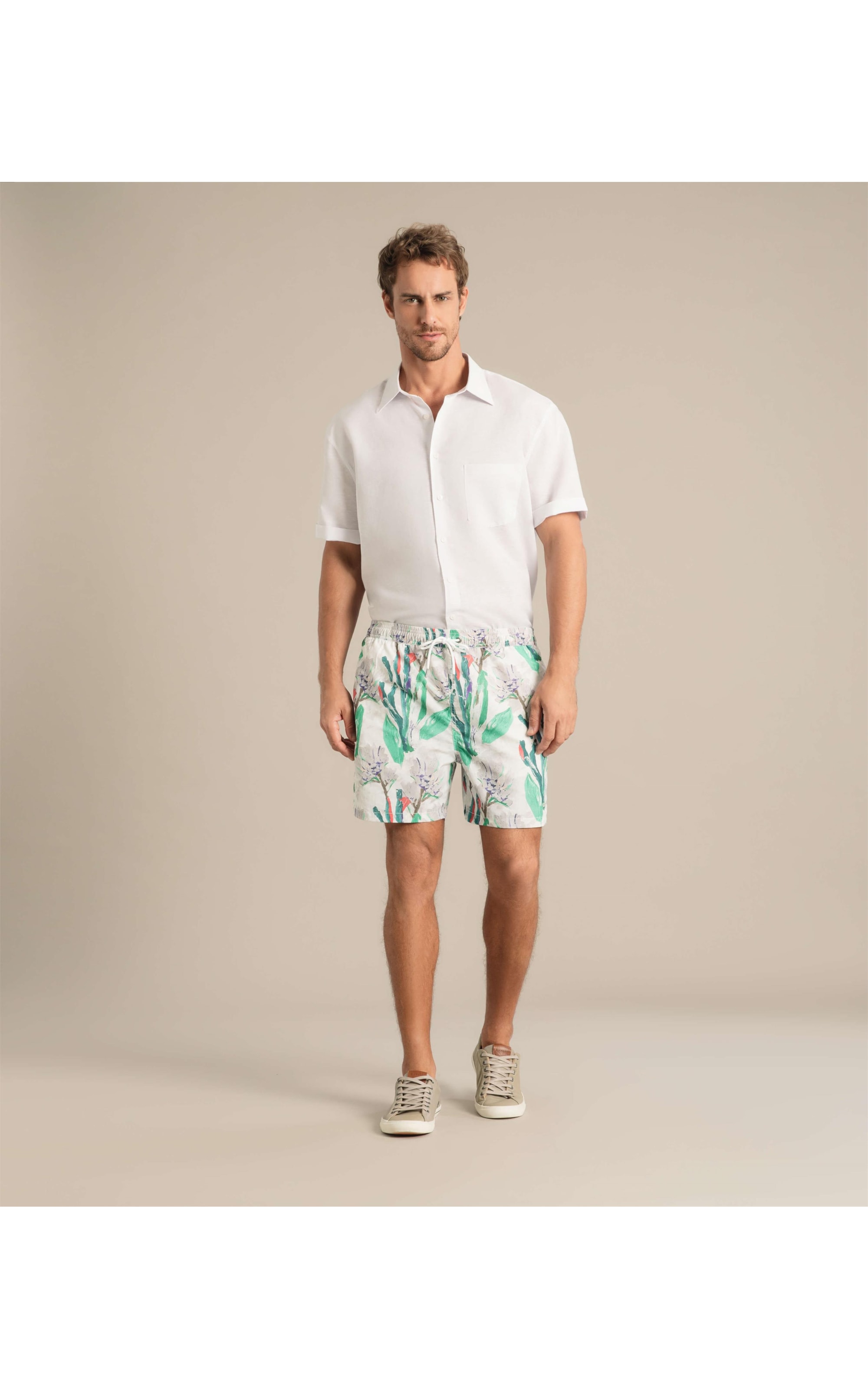 Beach Short Canvas Flower Regular Branco