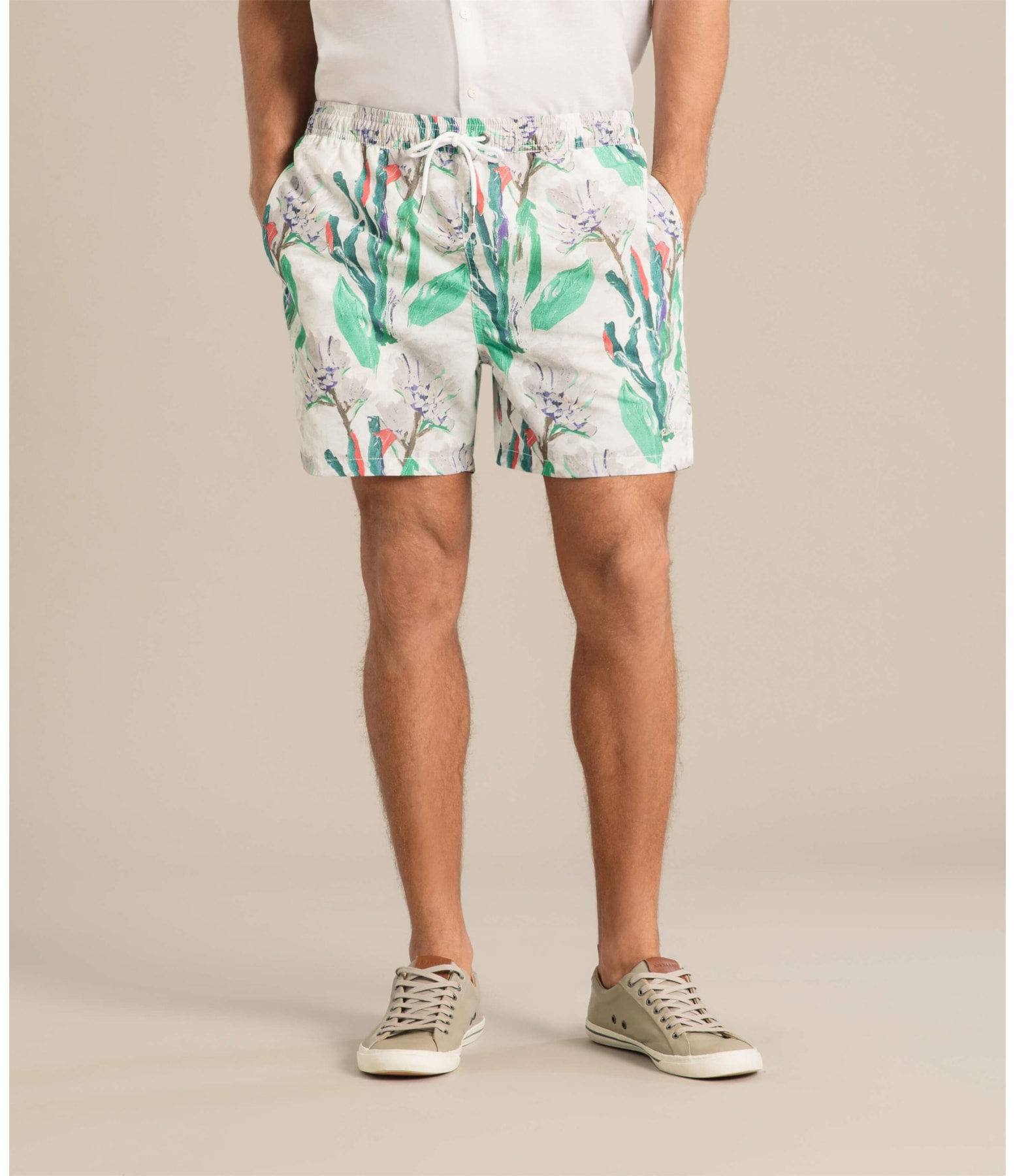 Beach Short Canvas Flower Regular Branco