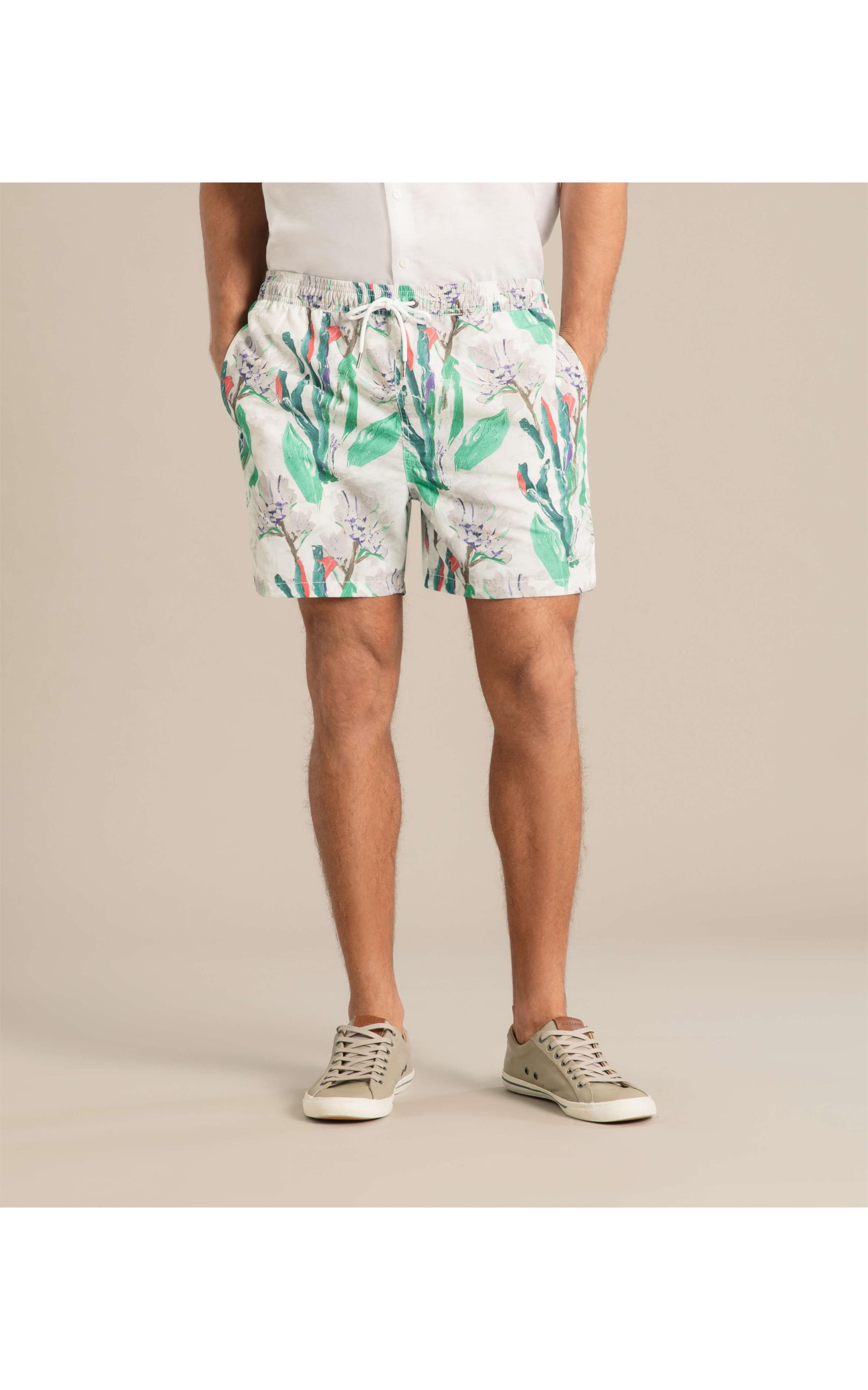 Beach Short Canvas Flower Regular Branco