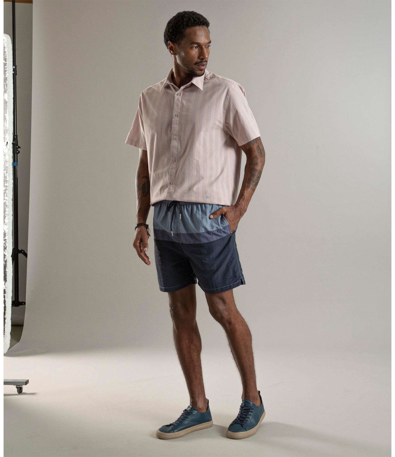 Beach Short Stripes Crumpled Azul Jeans
