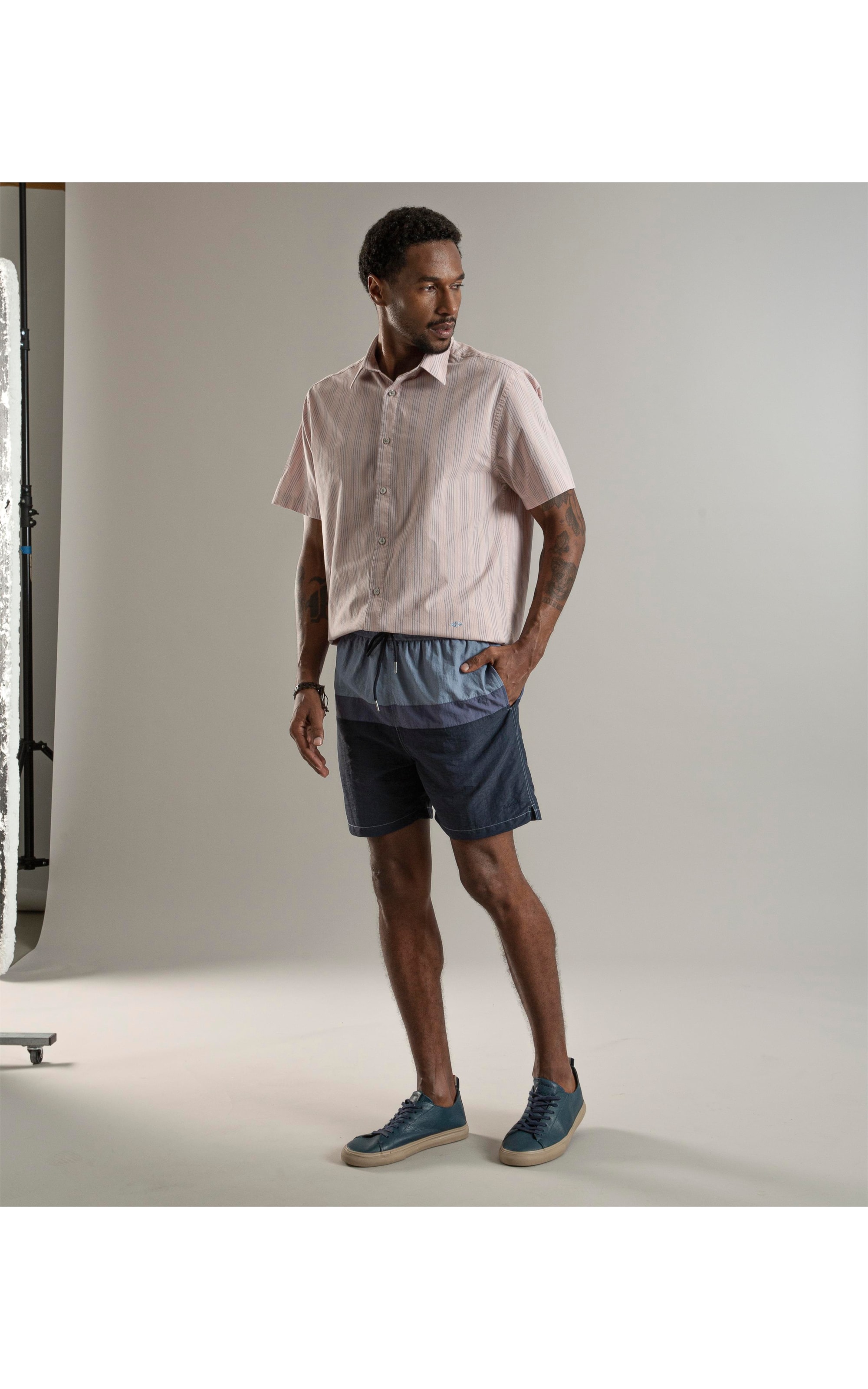 Beach Short Stripes Crumpled Azul Jeans