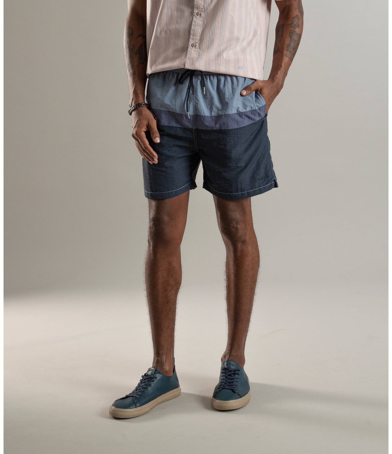 Beach Short Stripes Crumpled Azul Jeans