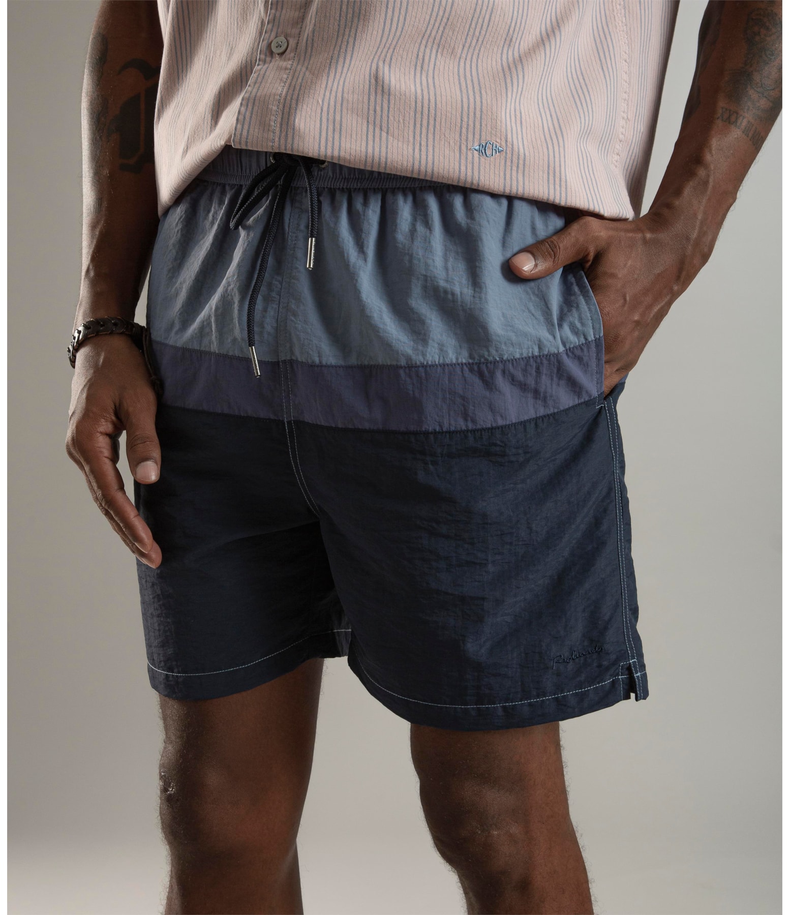 Beach Short Stripes Crumpled Azul Jeans