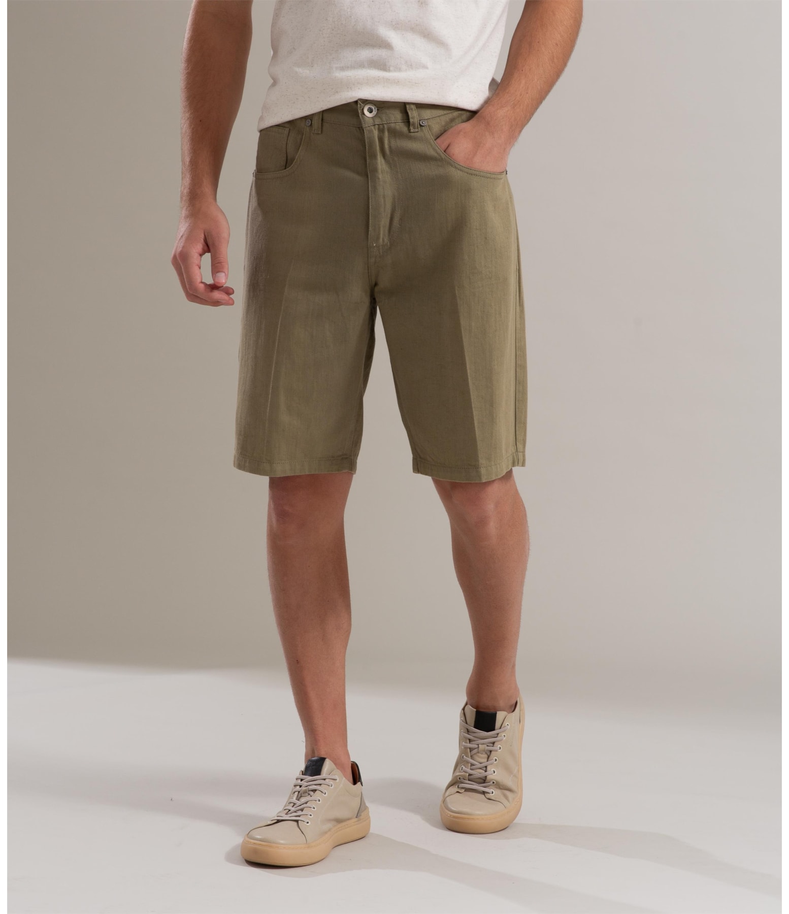 Bermuda Linho  Five Pockets Estonia Verde Militar