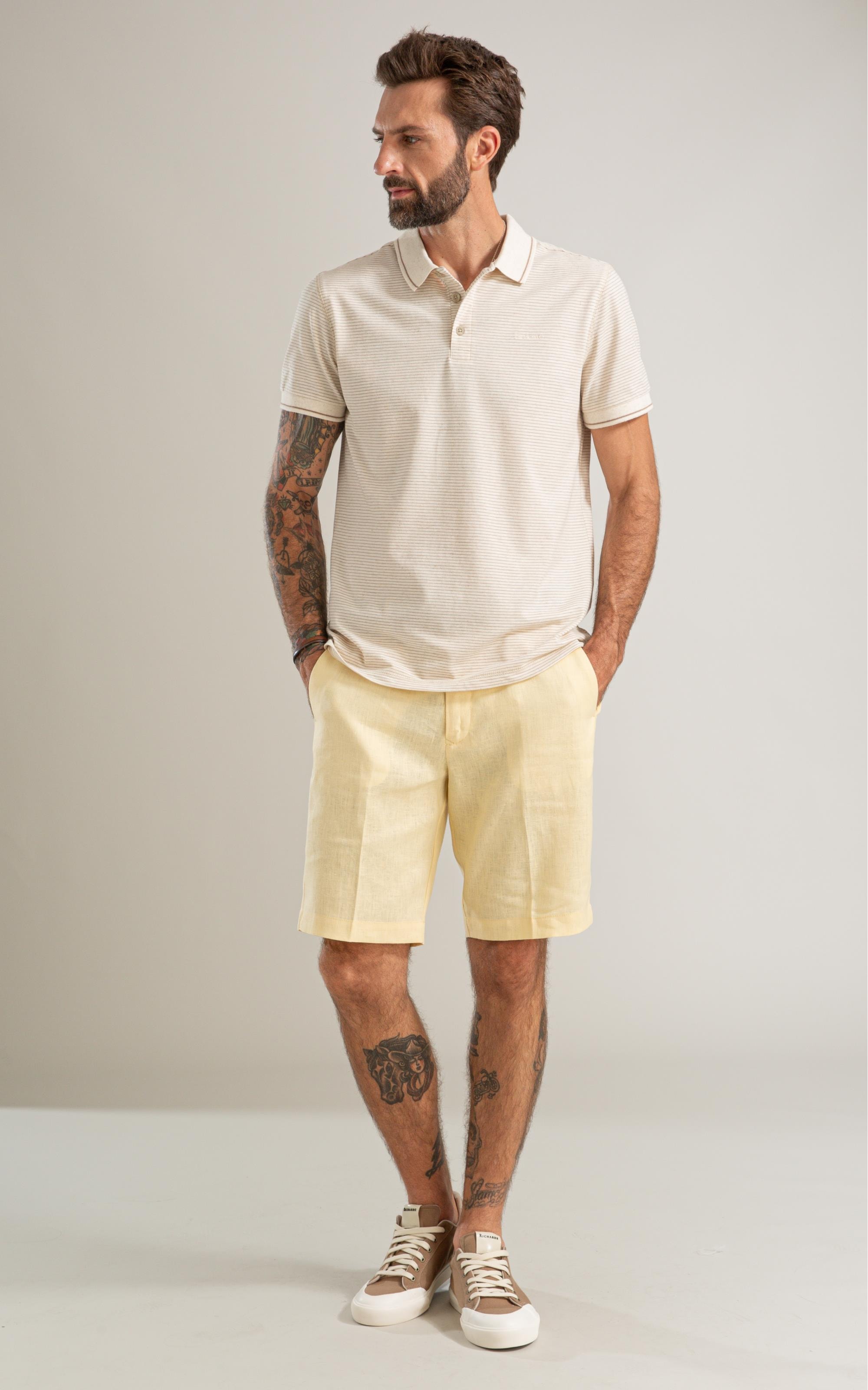 Bermuda  Puro Linho Long  Liso Amarelo Claro