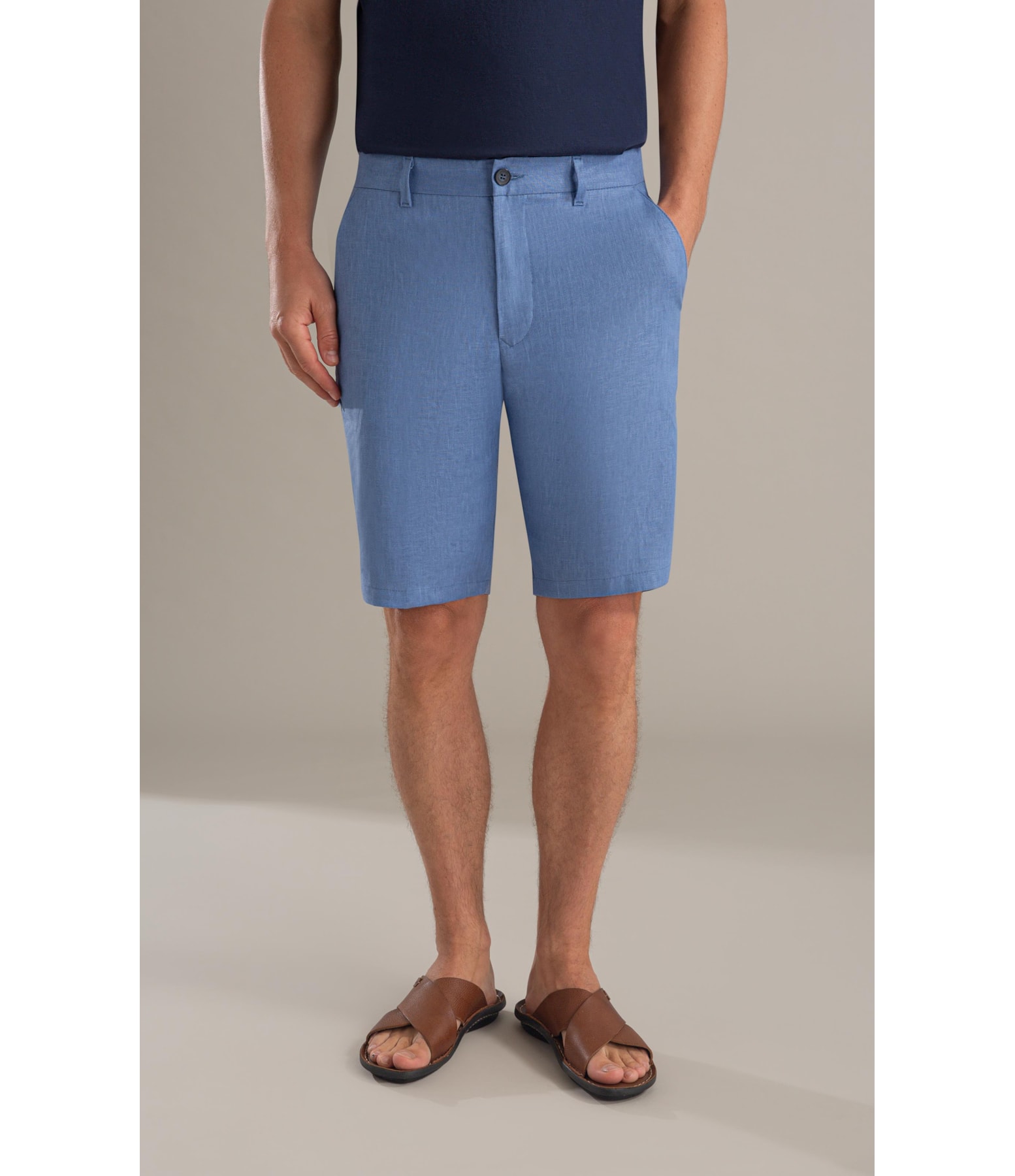 Bermuda  Puro Linho Long  Liso Azul Jeans