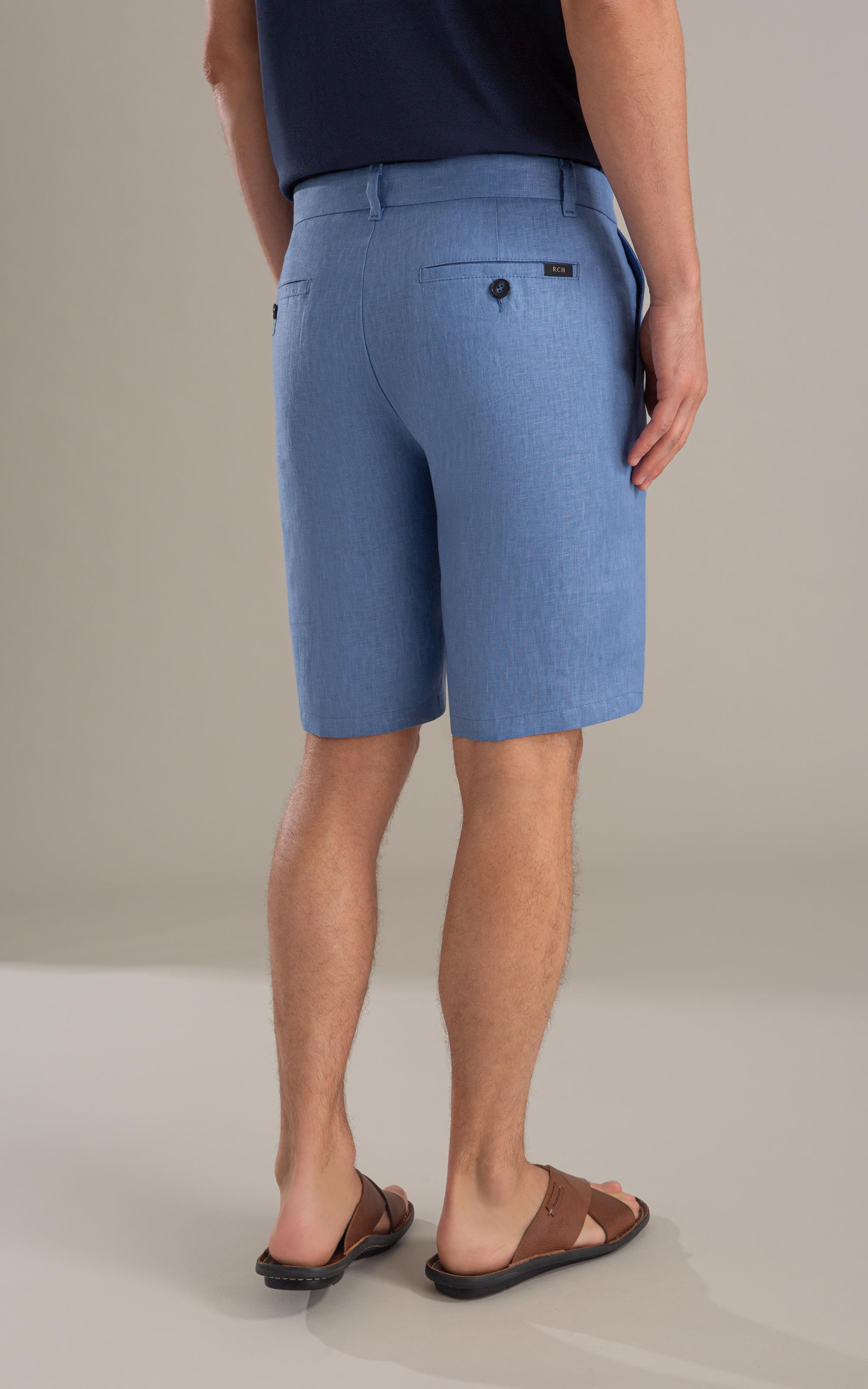 Bermuda  Puro Linho Long  Liso Azul Jeans