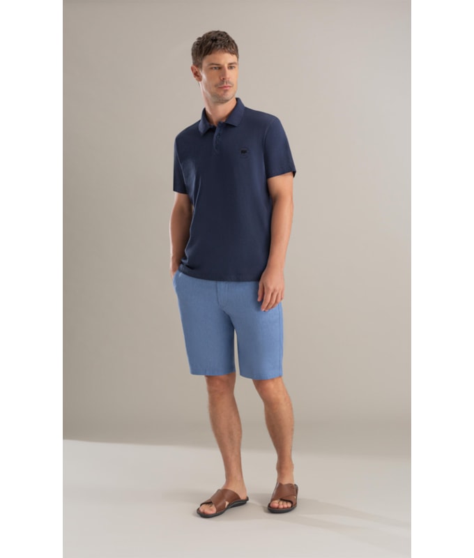 Bermuda  Puro Linho Long  Liso Azul Jeans