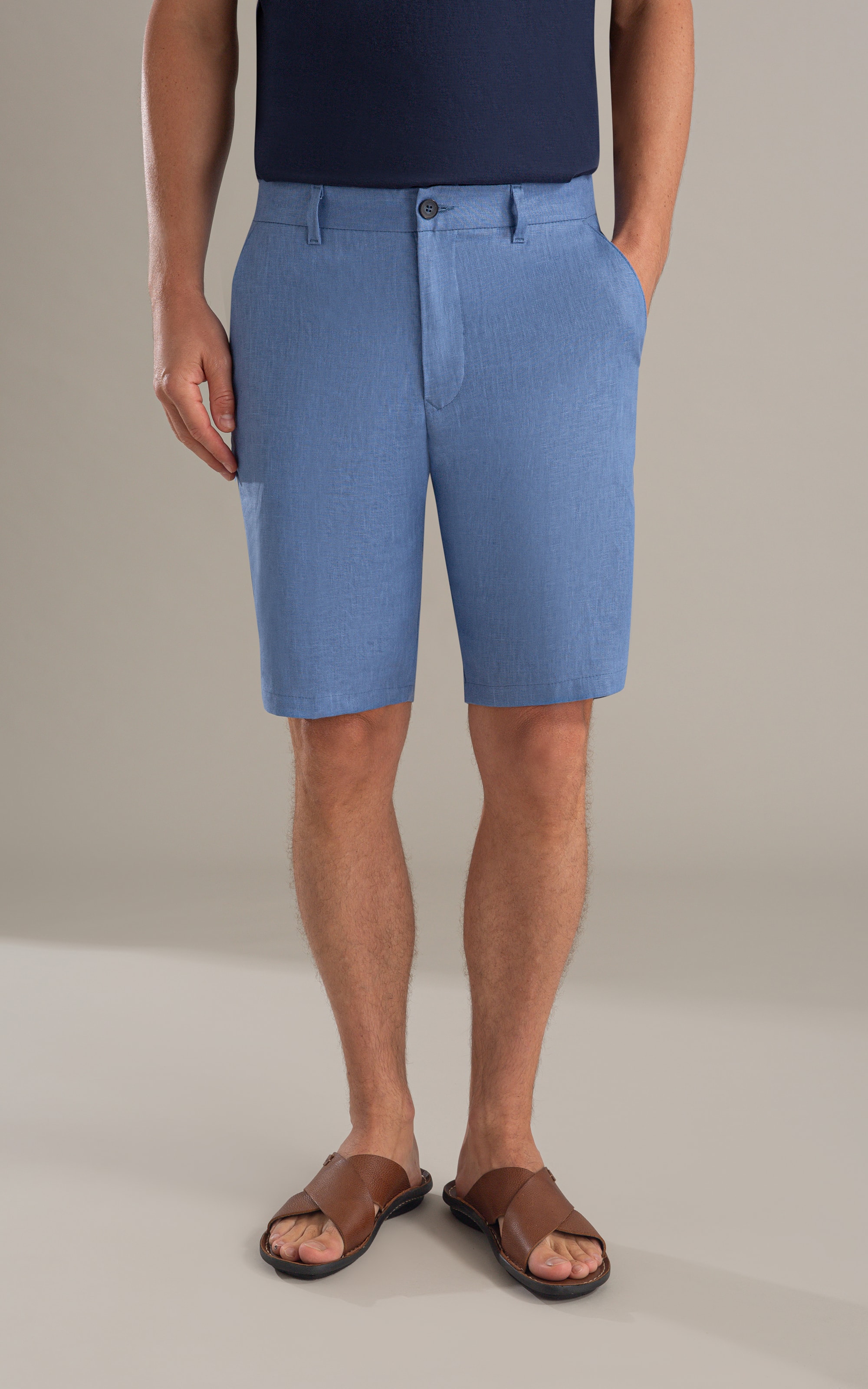 Bermuda  Puro Linho Long  Liso Azul Jeans