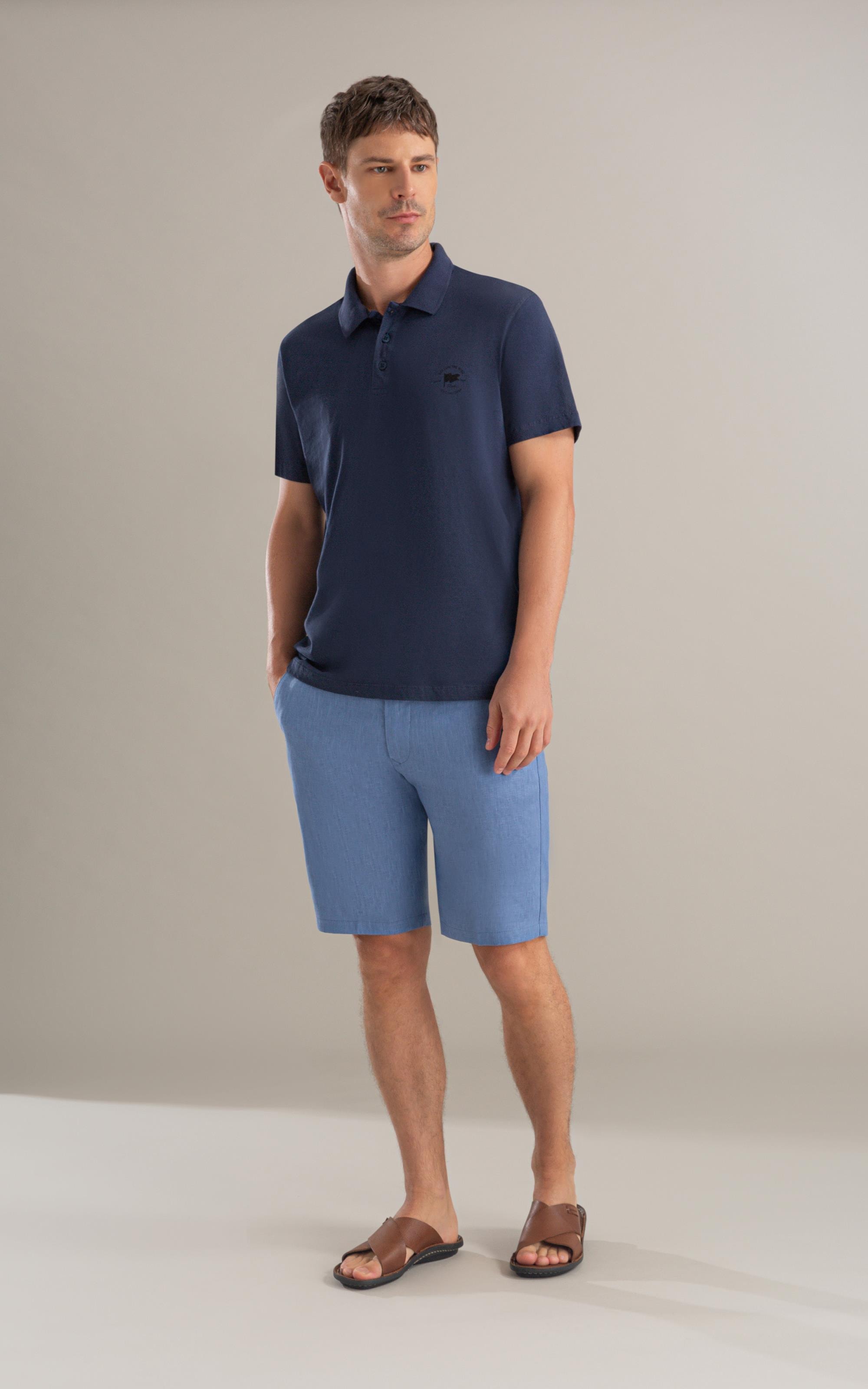 Bermuda  Puro Linho Long  Liso Azul Jeans