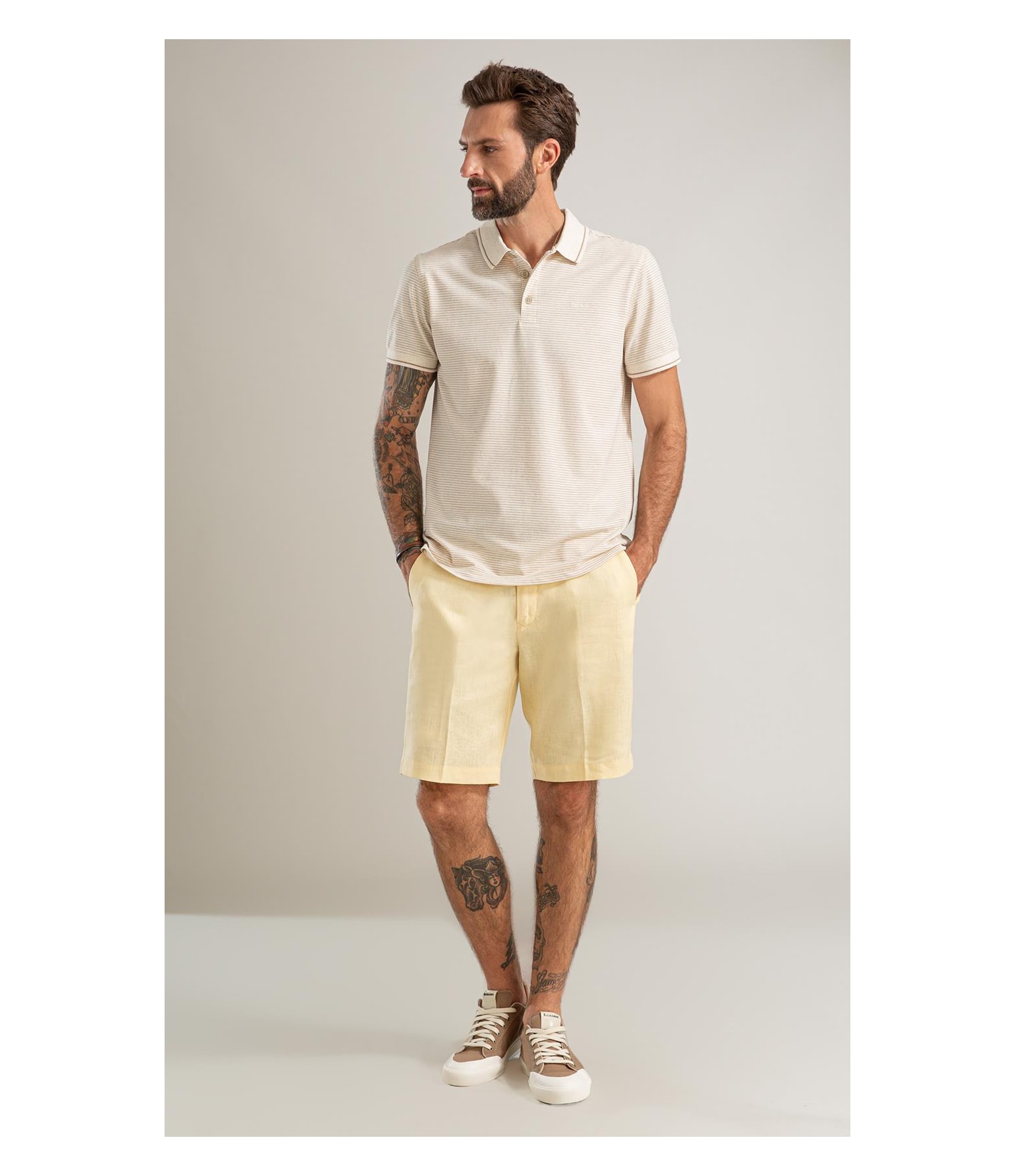 Bermuda Puro Linho Puro Linho Long  Liso Amarelo Claro