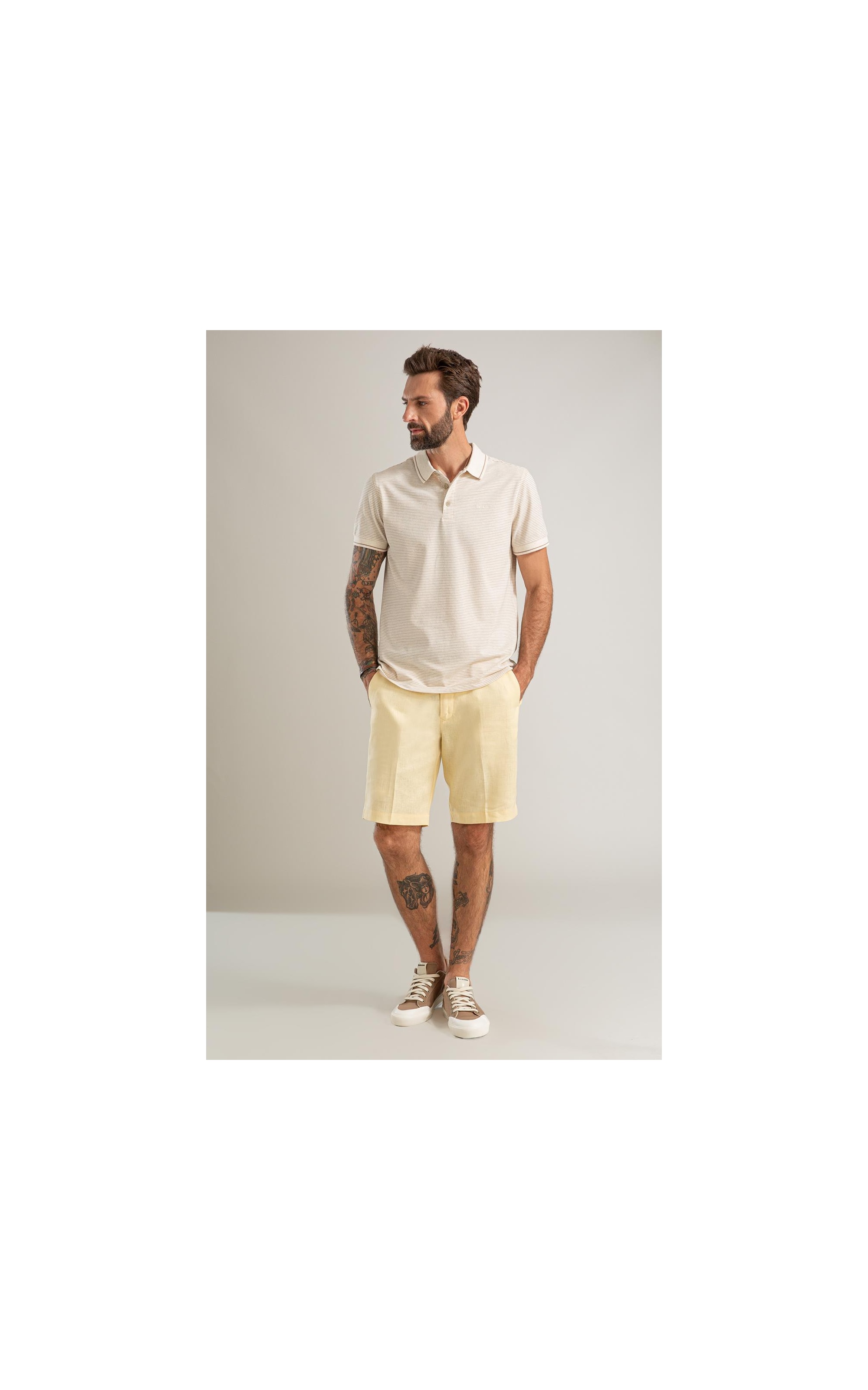 Bermuda Puro Linho Puro Linho Long  Liso Amarelo Claro