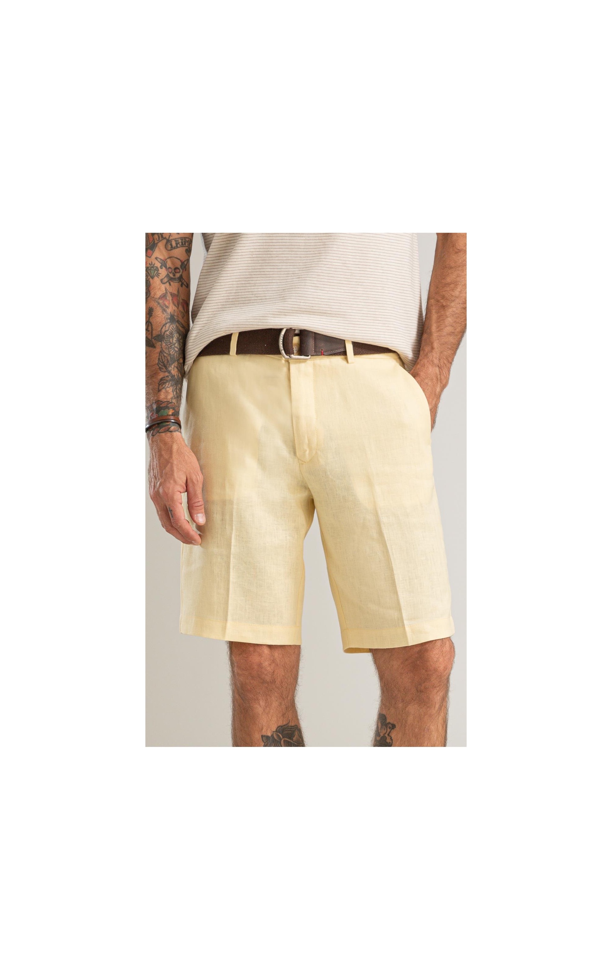 Bermuda Puro Linho Puro Linho Long  Liso Amarelo Claro