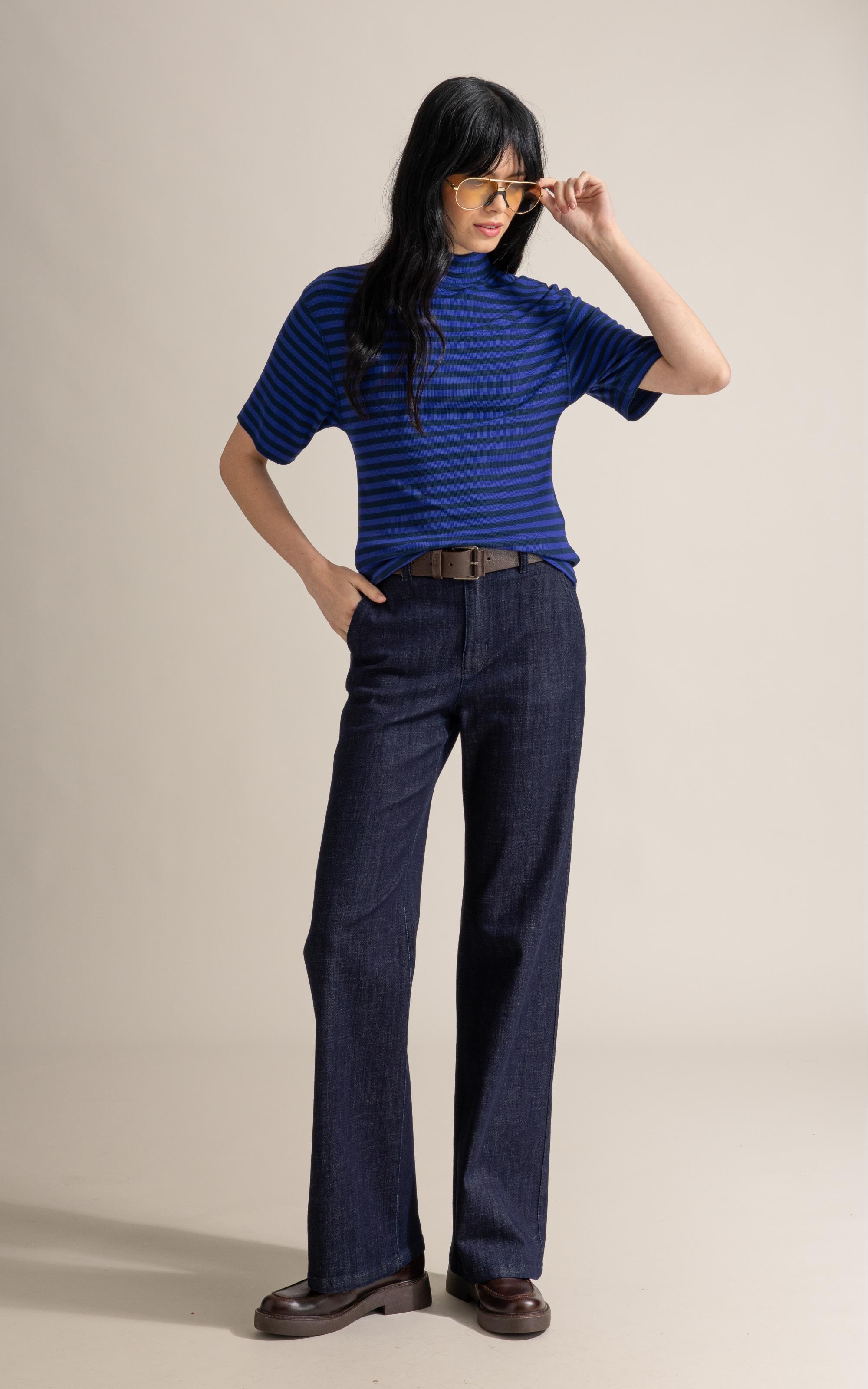 Blusa Aurora Gola Alta Listrada Mc Dark Navy