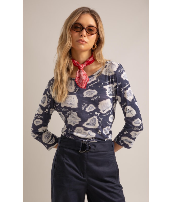 Blusa Ema Estampa Viaggio Lb Marinho