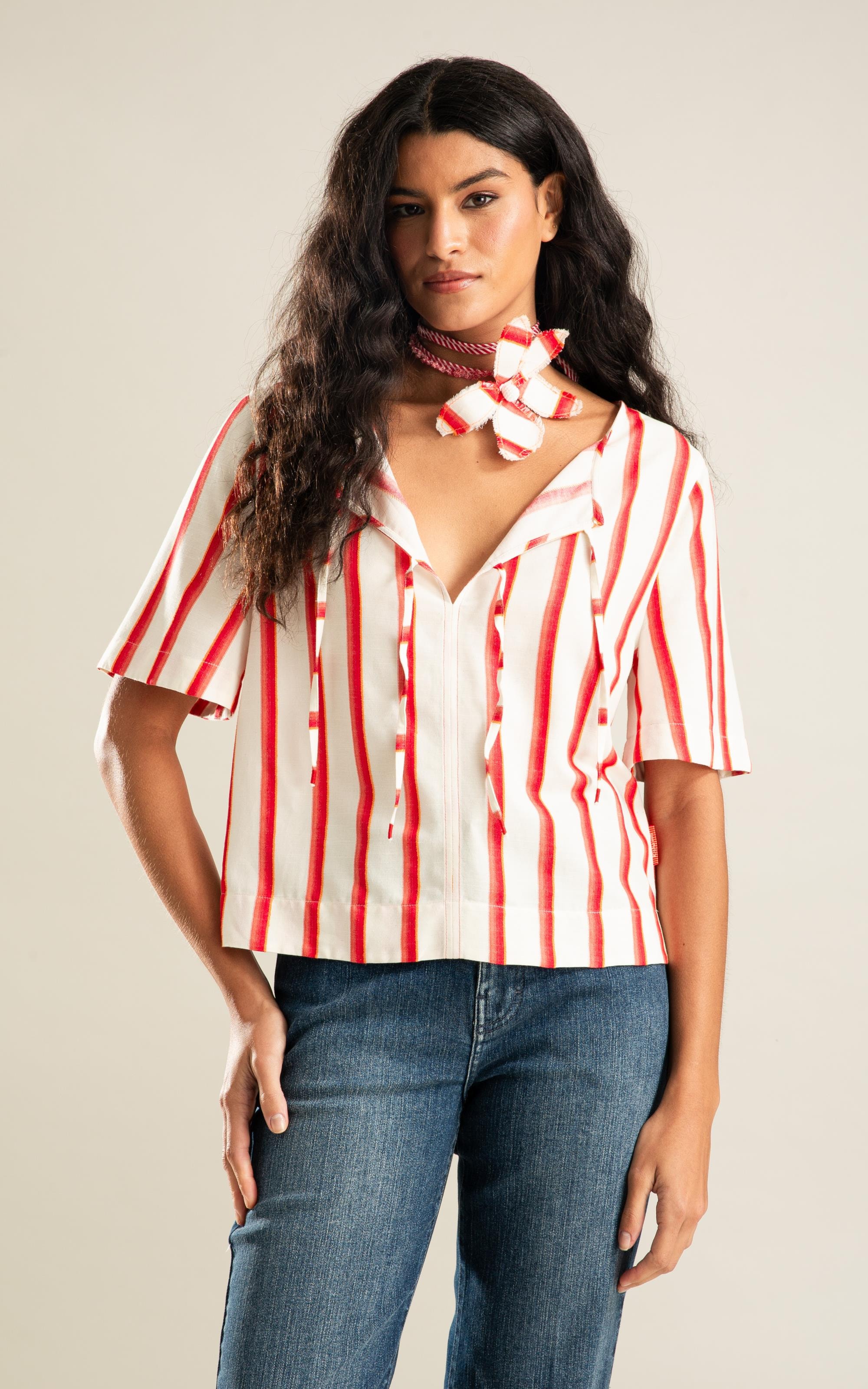 Blusa Graviola Listras Jacquard Coral
