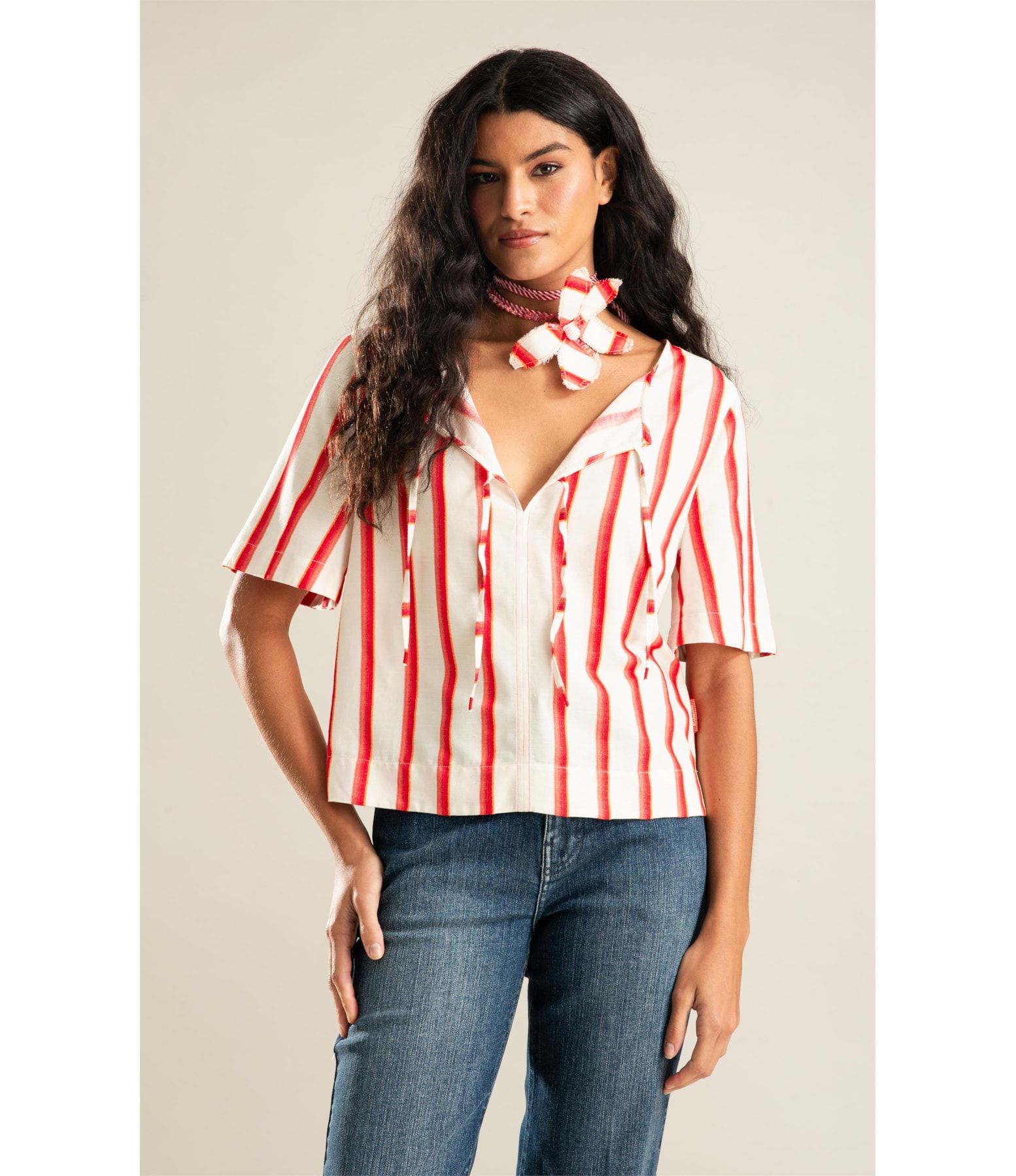 Blusa Graviola Listras Jacquard Coral