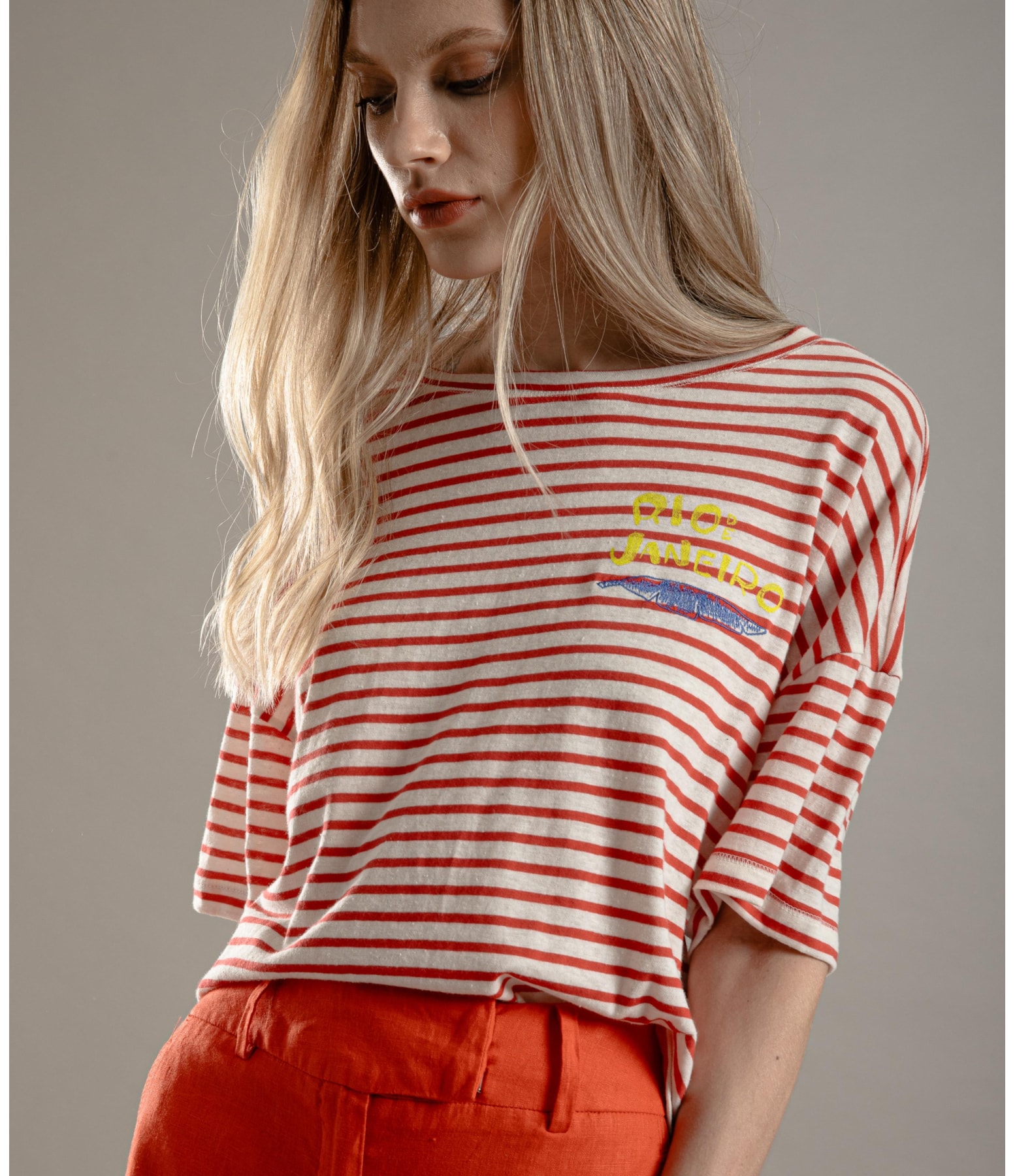 Blusa Linho  Camille Listrada Vermelho