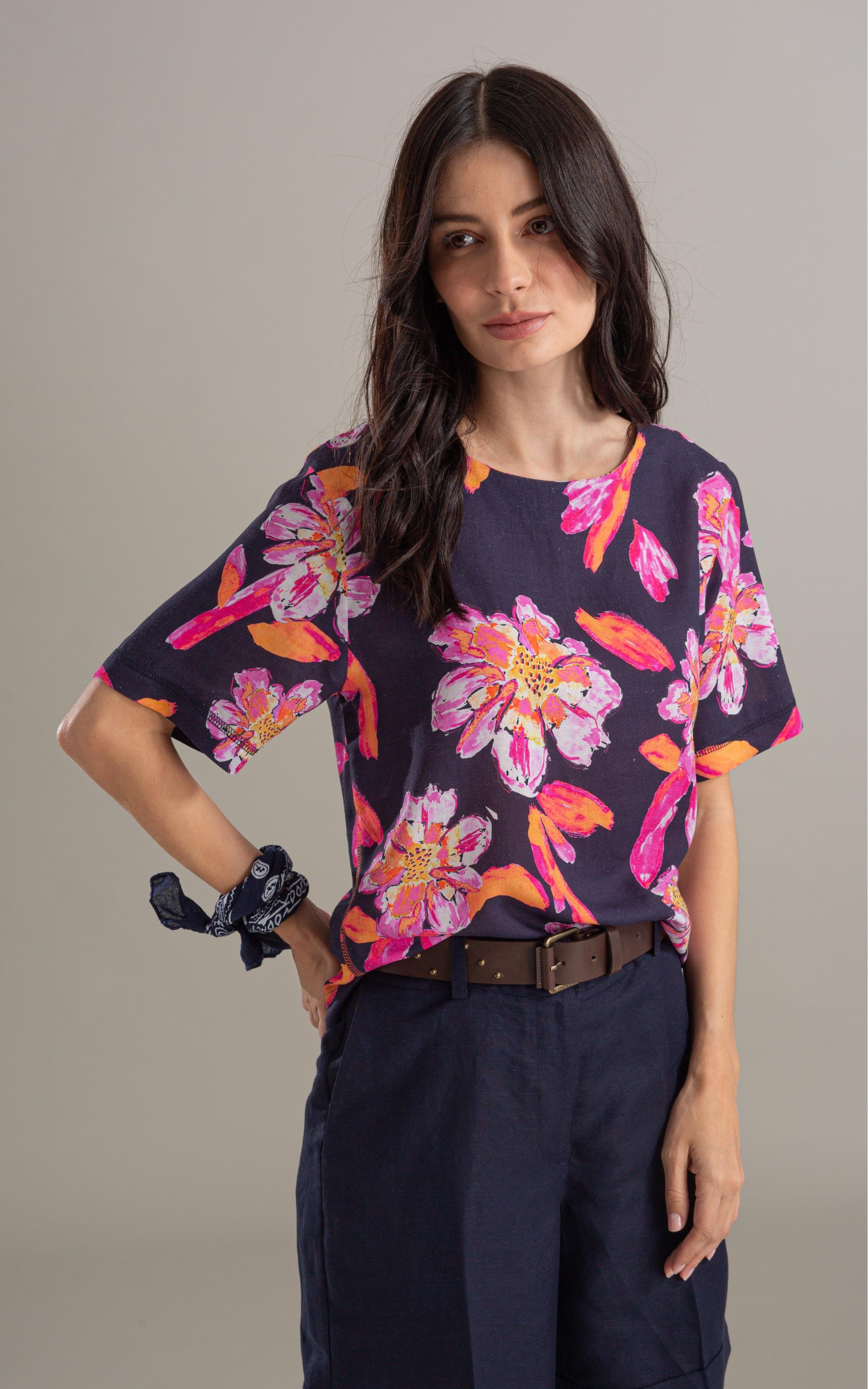 Blusa Linho  Gaia Art Flower Dark Navy
