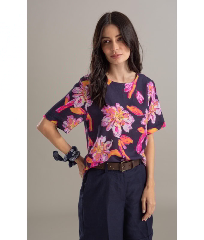 Blusa Linho  Gaia Art Flower Dark Navy