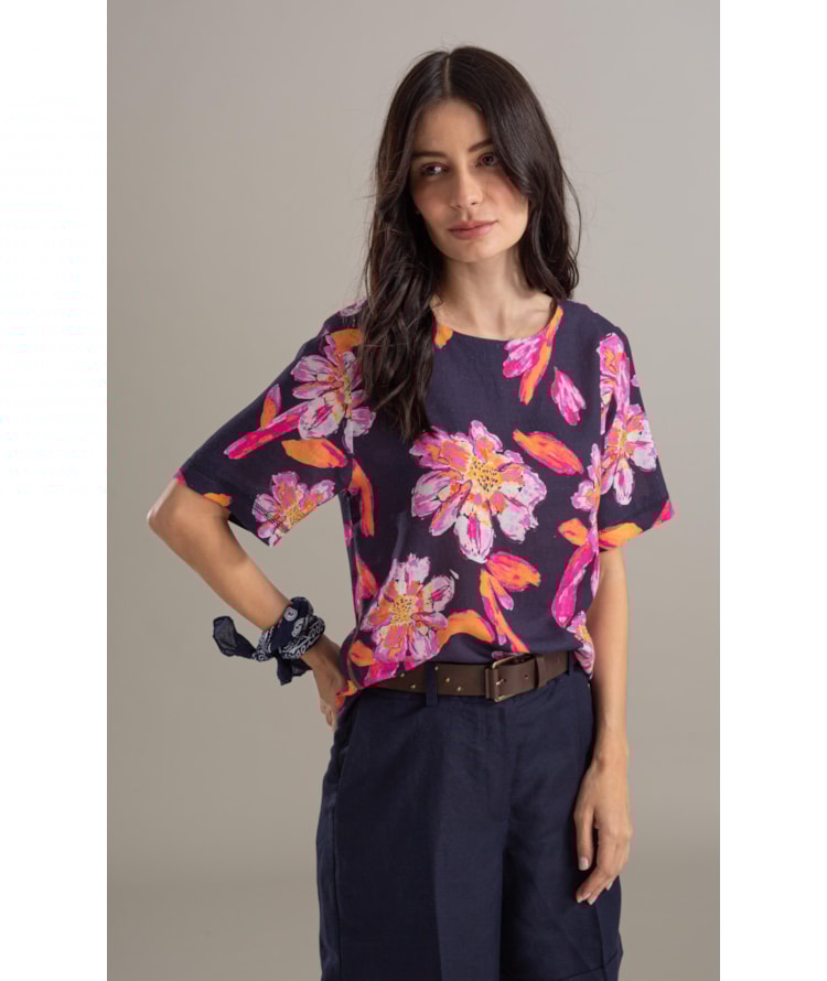 Blusa Linho  Gaia Art Flower Dark Navy