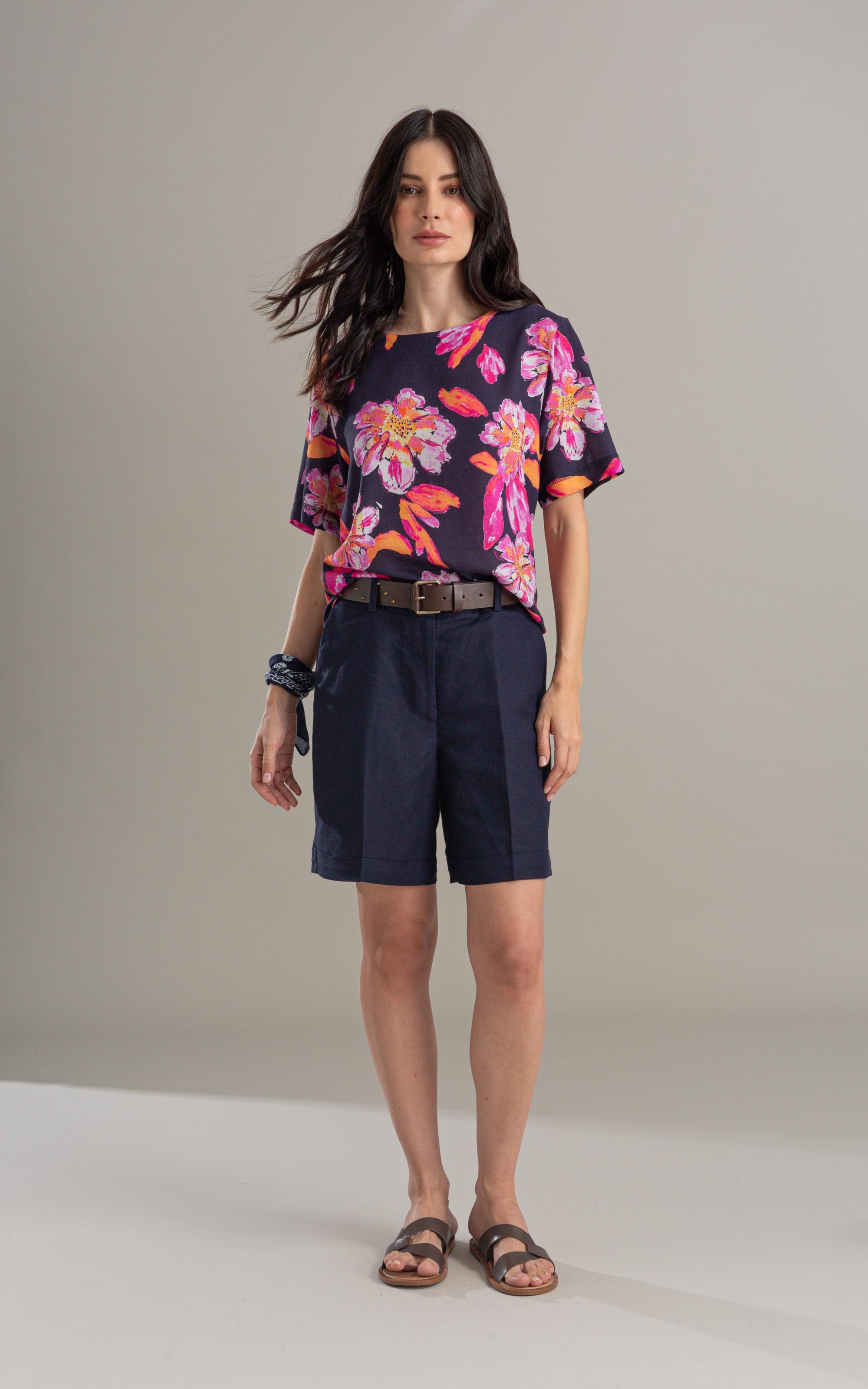 Blusa Linho  Gaia Art Flower Dark Navy