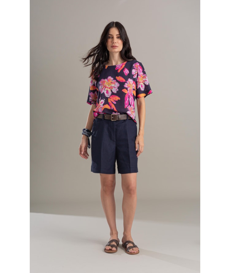 Blusa Linho  Gaia Art Flower Dark Navy