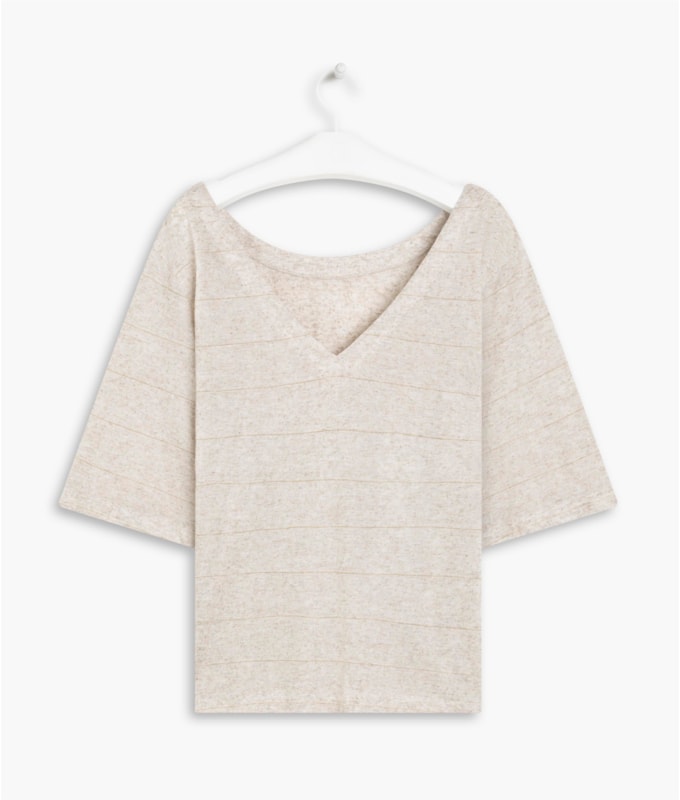 Blusa Linho  Iana Listrada . Lurex Natural