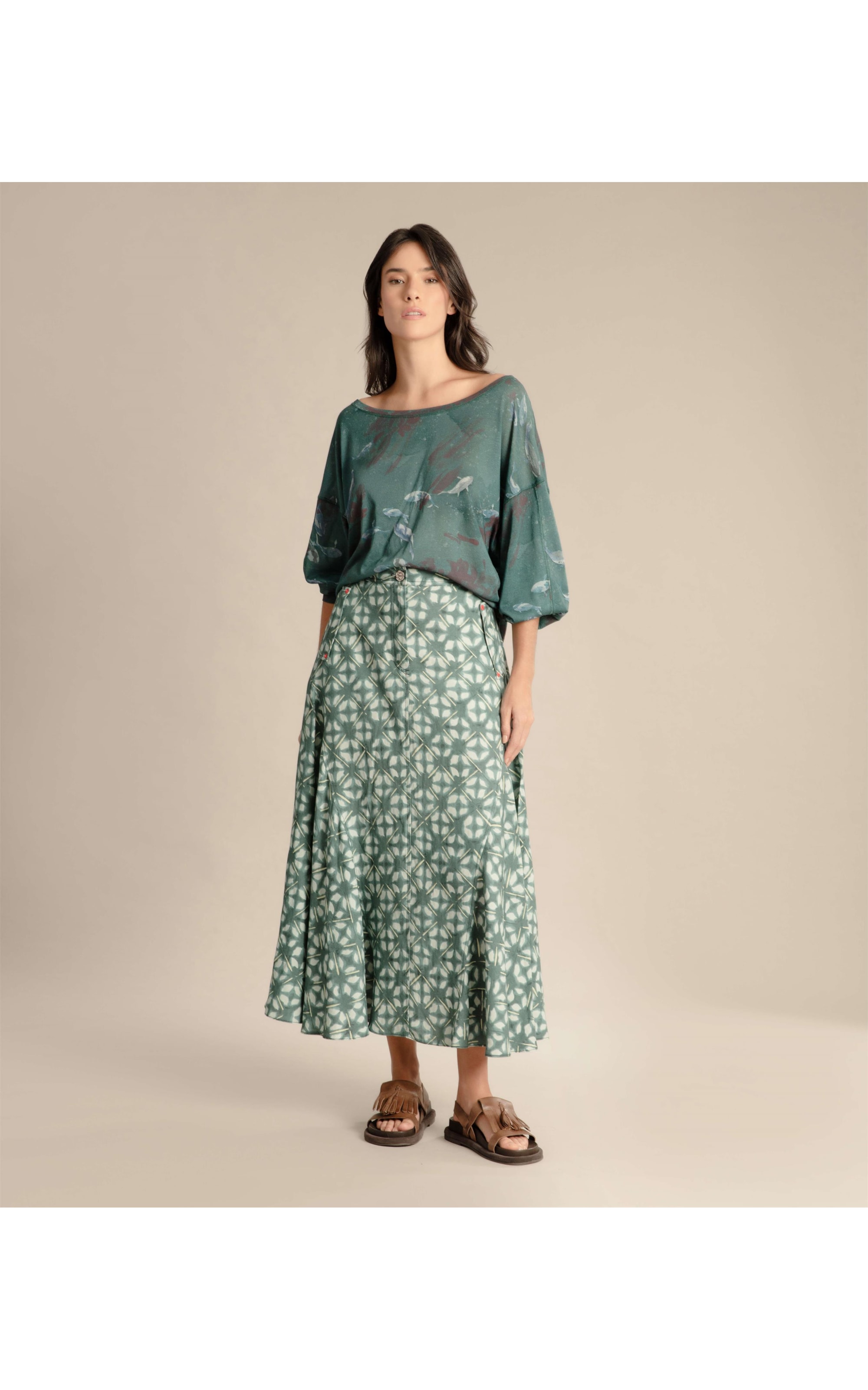 Blusa Linho  Kei Estampa Carpas Verde
