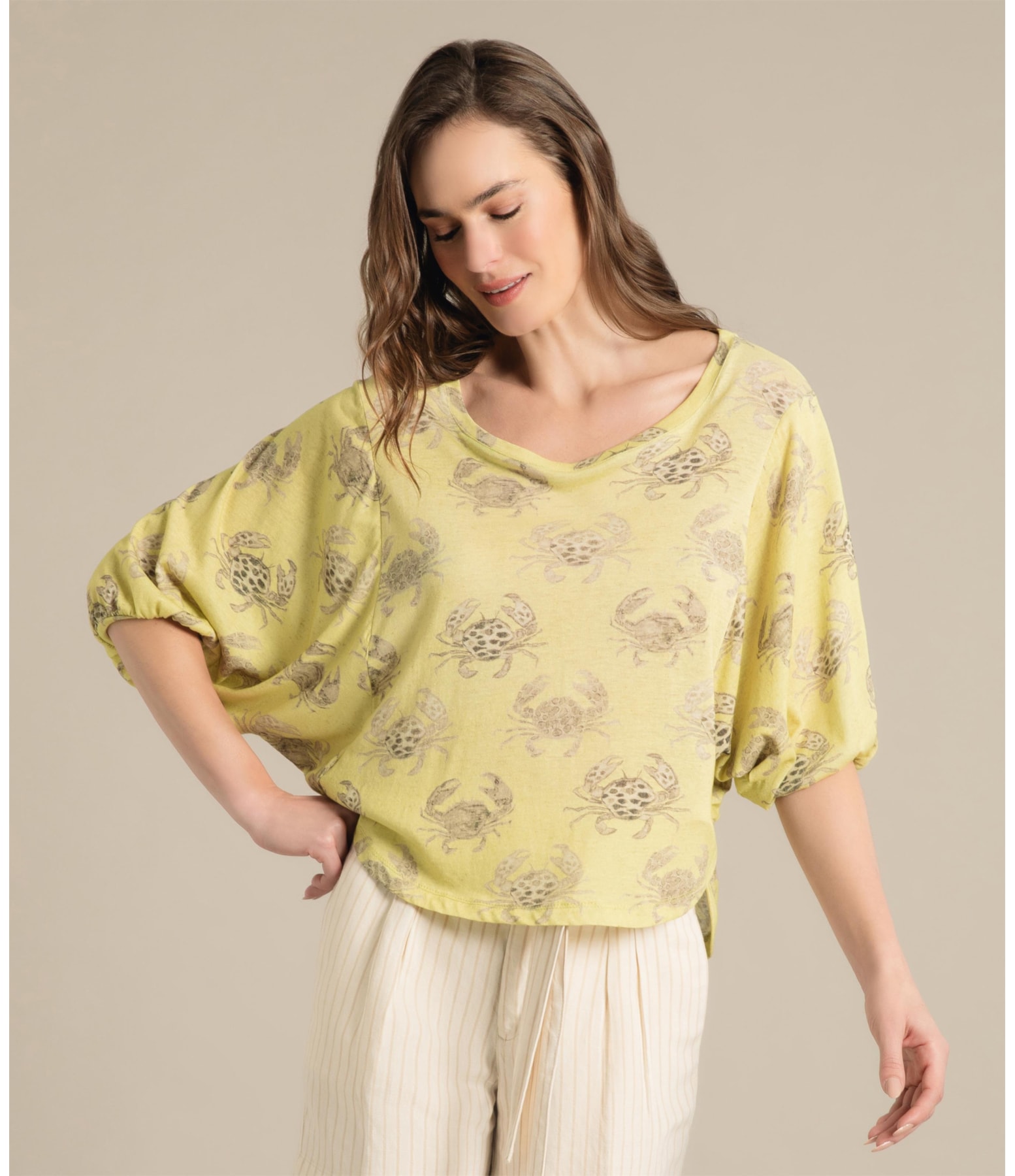 Blusa Linho  Kilikina Est. Water Crabs Lemon