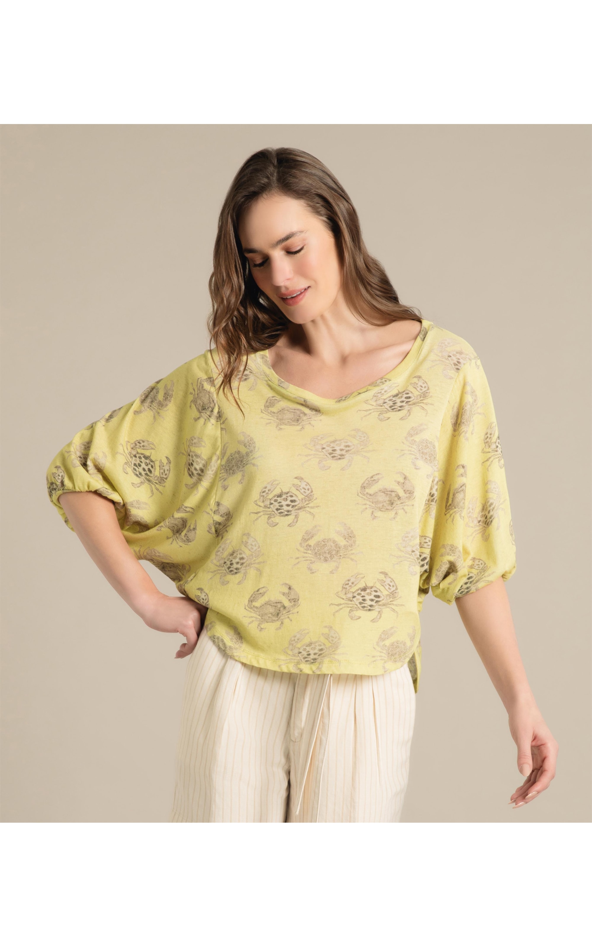 Blusa Linho  Kilikina Est. Water Crabs Lemon