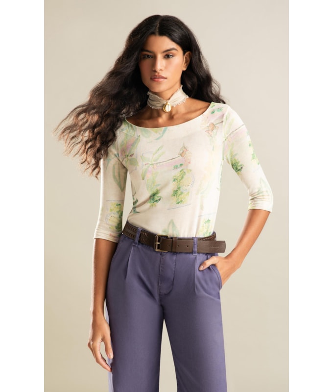 Blusa Linho  Kita Estampa Tropical Natural