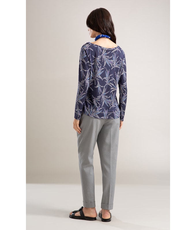 Blusa Linho  Misaki Decote v Estampa Blossom Azul Jeans