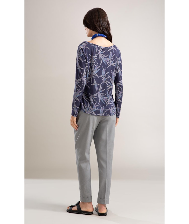 Blusa Linho  Misaki Decote v Estampa Blossom Azul Jeans