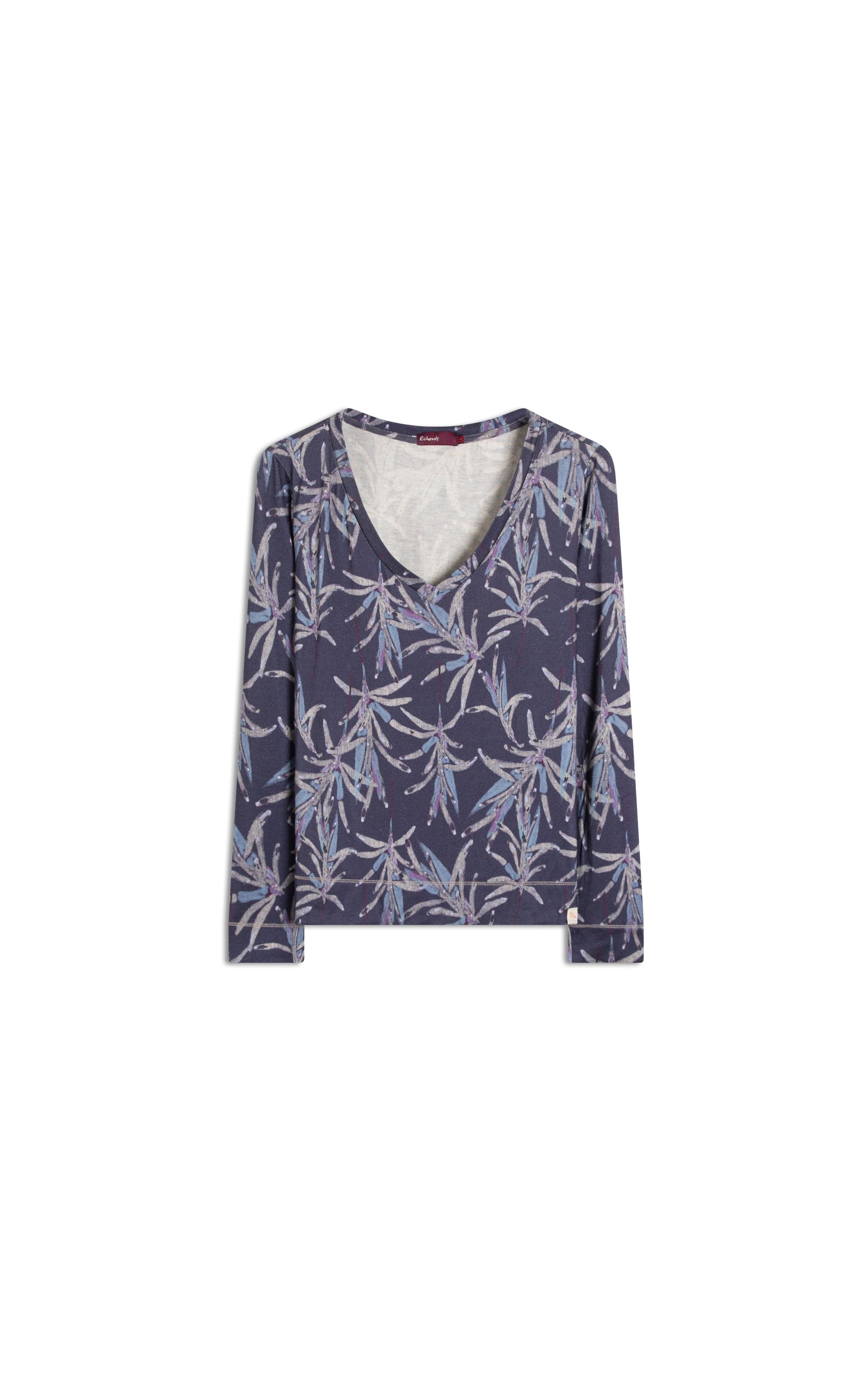 Blusa Linho  Misaki Decote v Estampa Blossom Azul Jeans