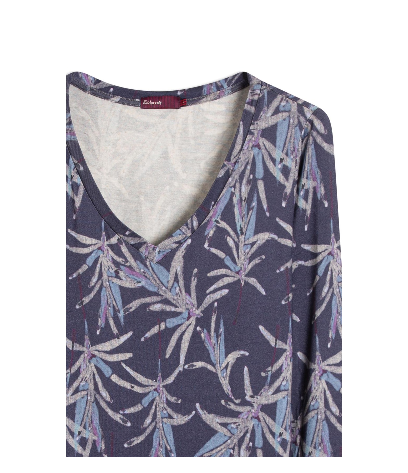 Blusa Linho  Misaki Decote v Estampa Blossom Azul Jeans