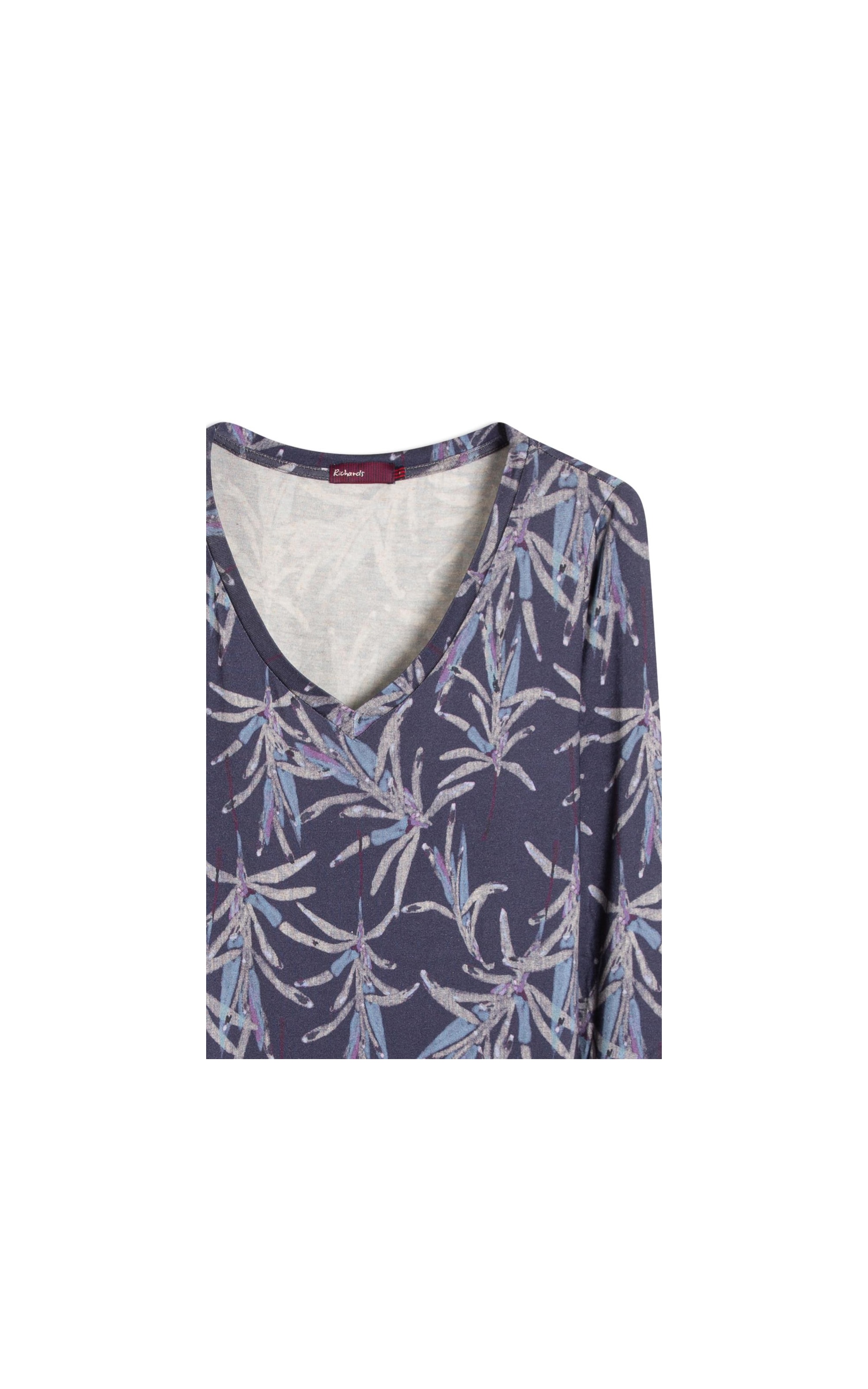 Blusa Linho  Misaki Decote v Estampa Blossom Azul Jeans