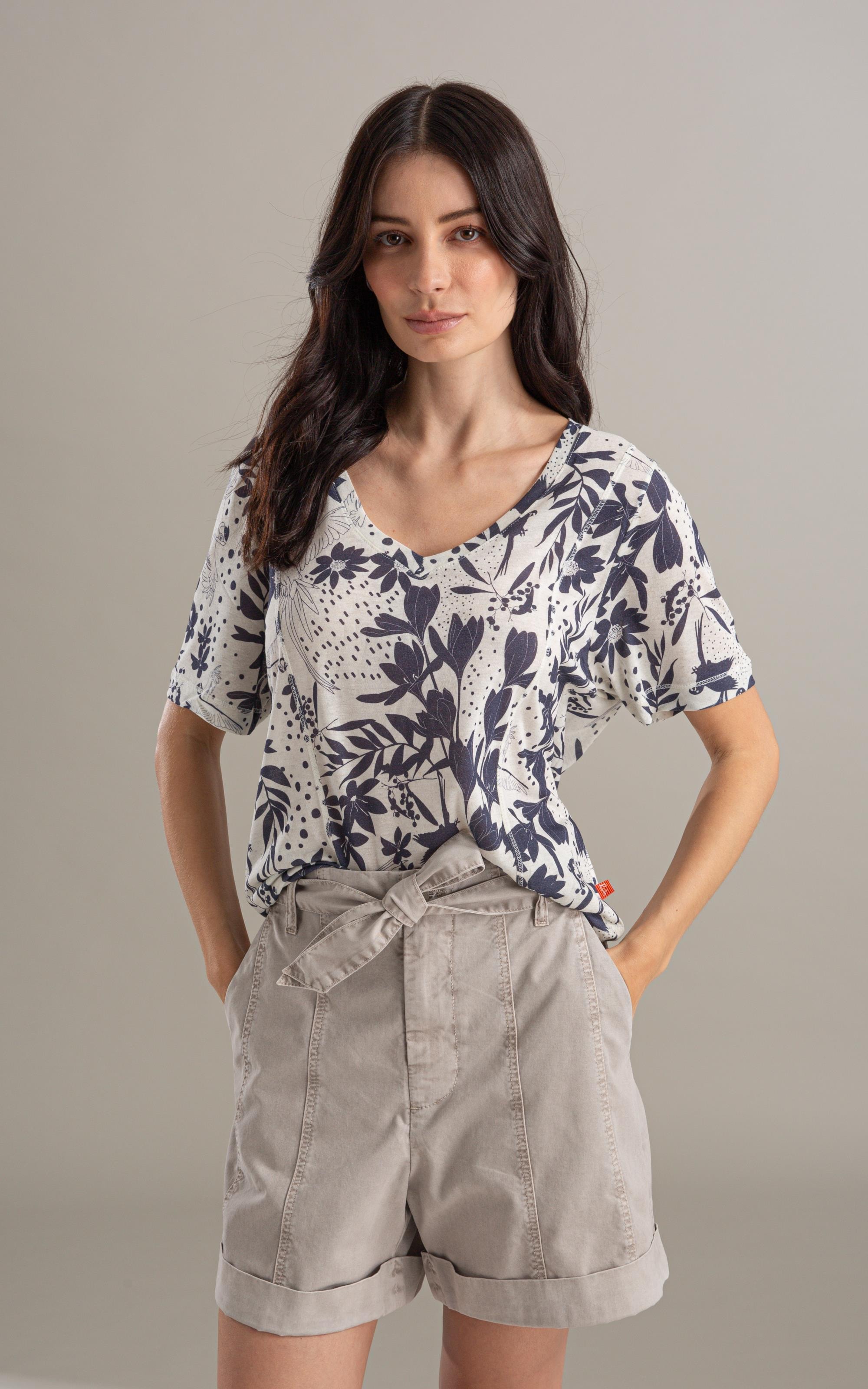 Blusa Linho  Nice Estampa Arara Marinho