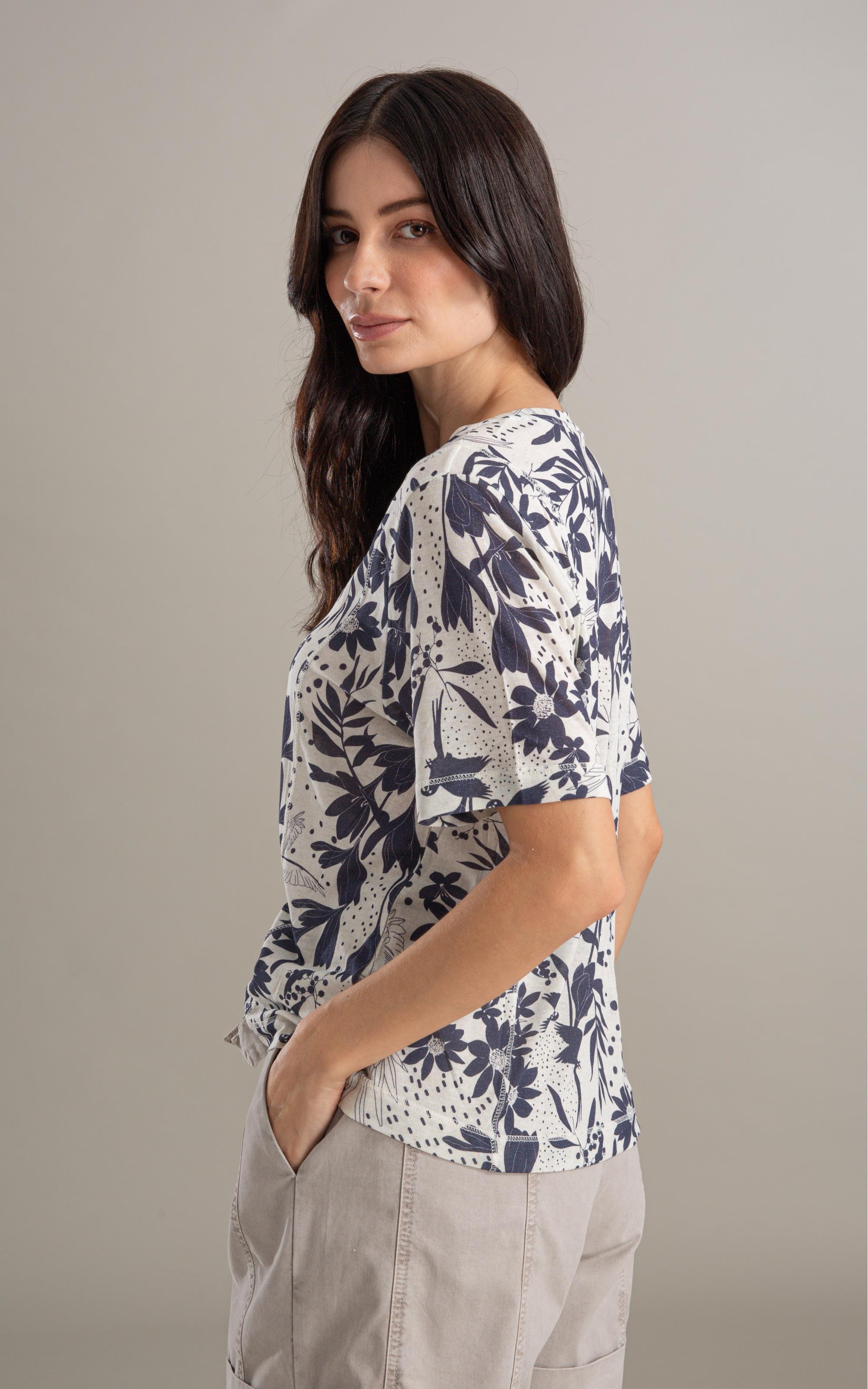 Blusa Linho  Nice Estampa Arara Marinho