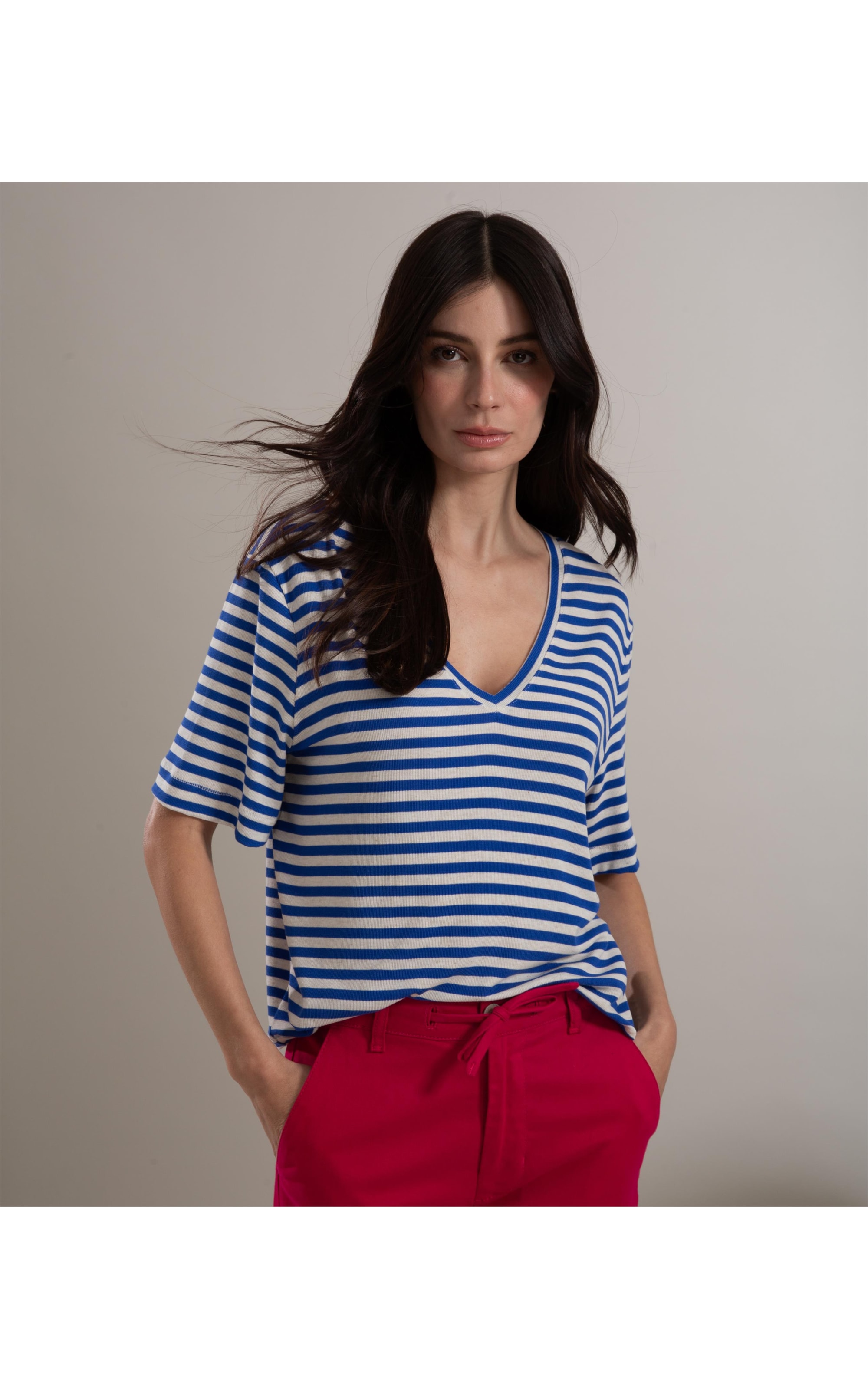 Blusa Linho  Nina v Listrado Azul Bic