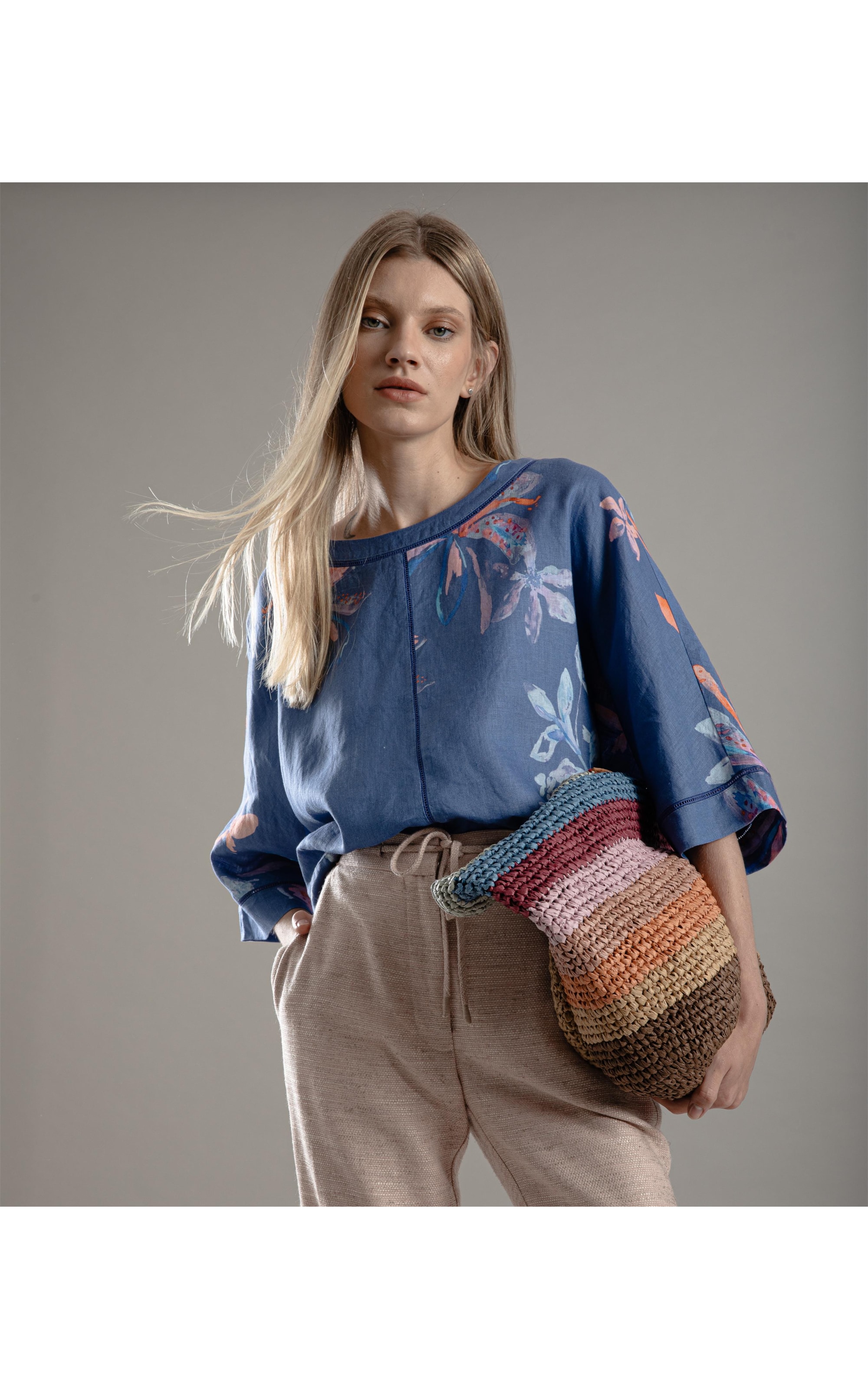 Blusa Linho  Sierra Soft Flower Azul Jeans