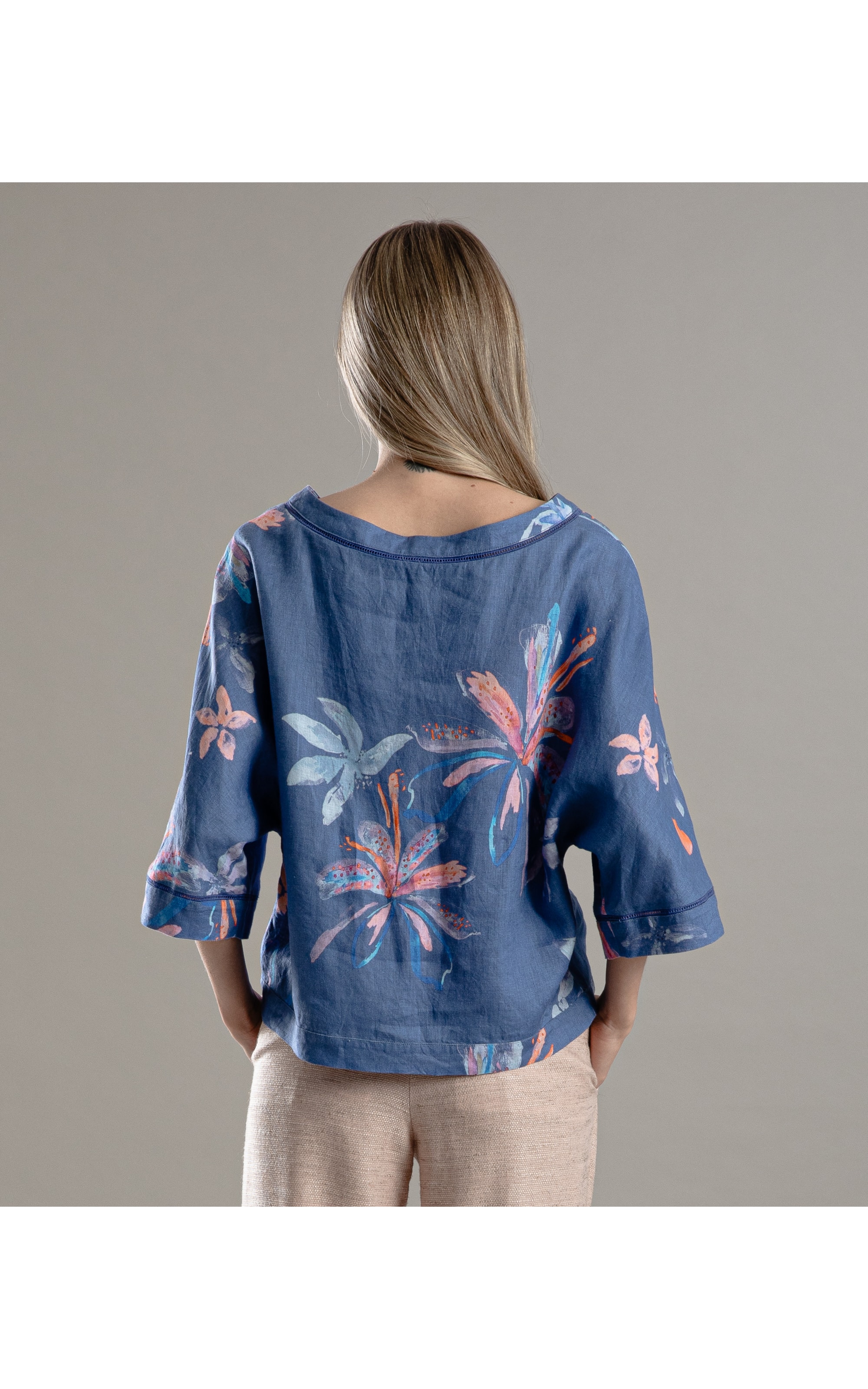 Blusa Linho  Sierra Soft Flower Azul Jeans