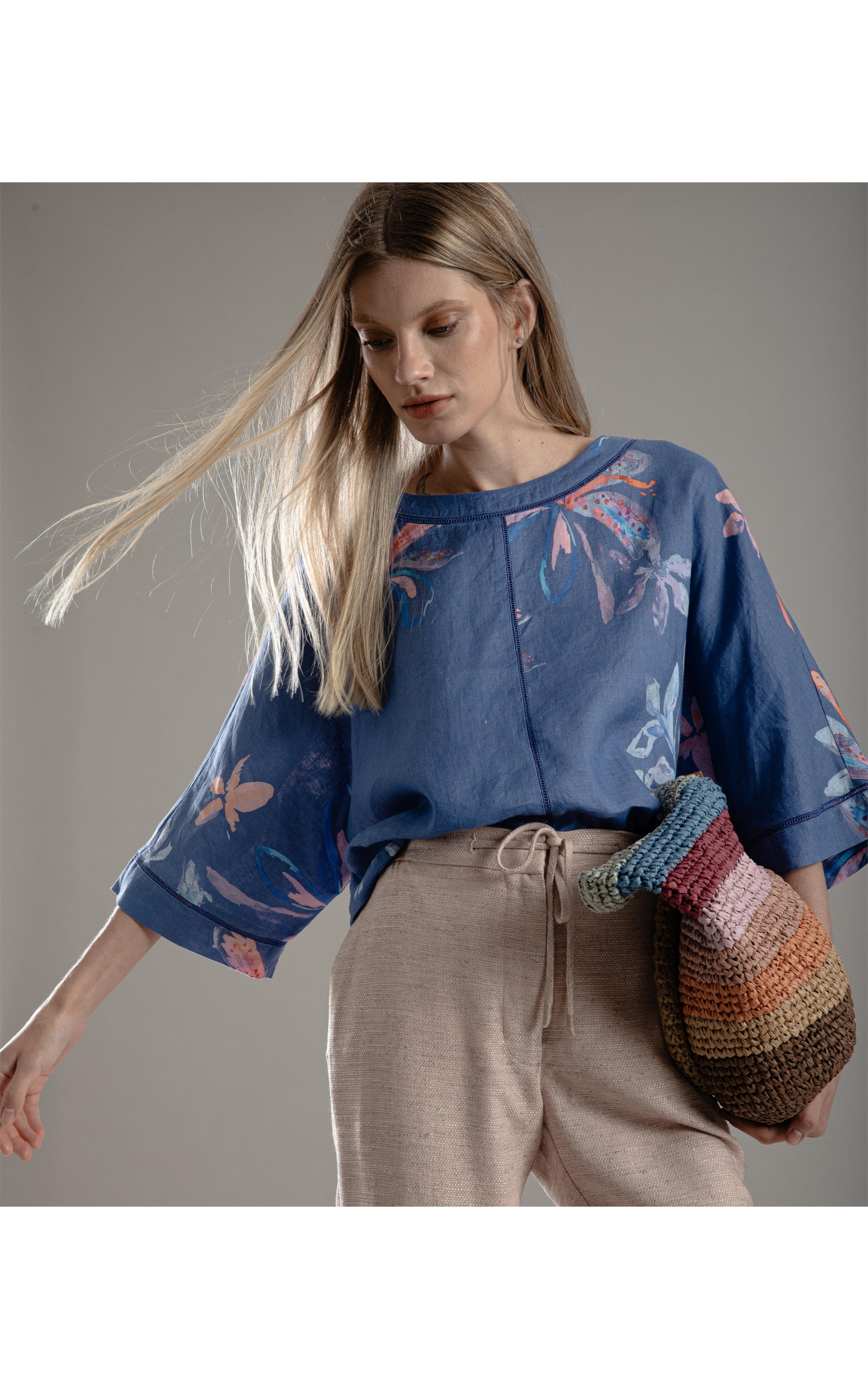 Blusa Linho  Sierra Soft Flower Azul Jeans