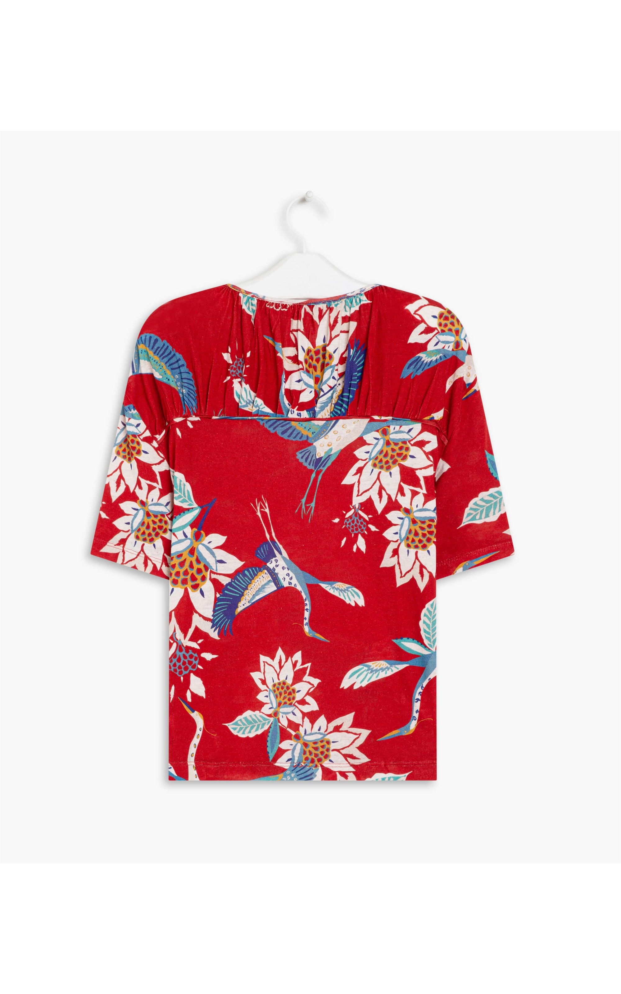 Blusa Linho  Yasmin  Estampa Passaros Cereja