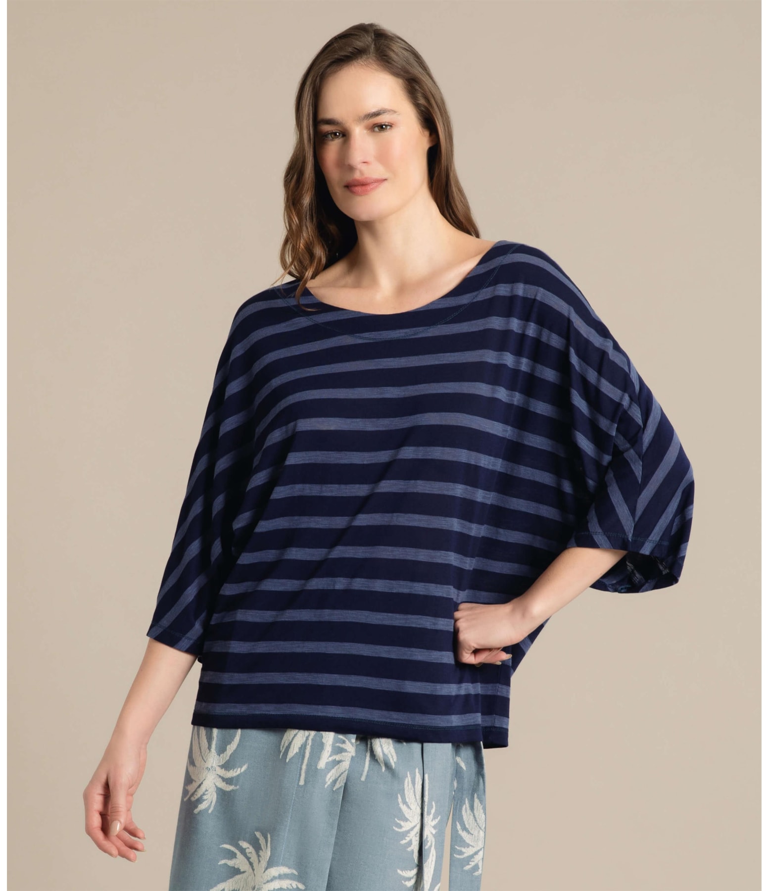 Blusa Lys 7/8 Listrada Marinho