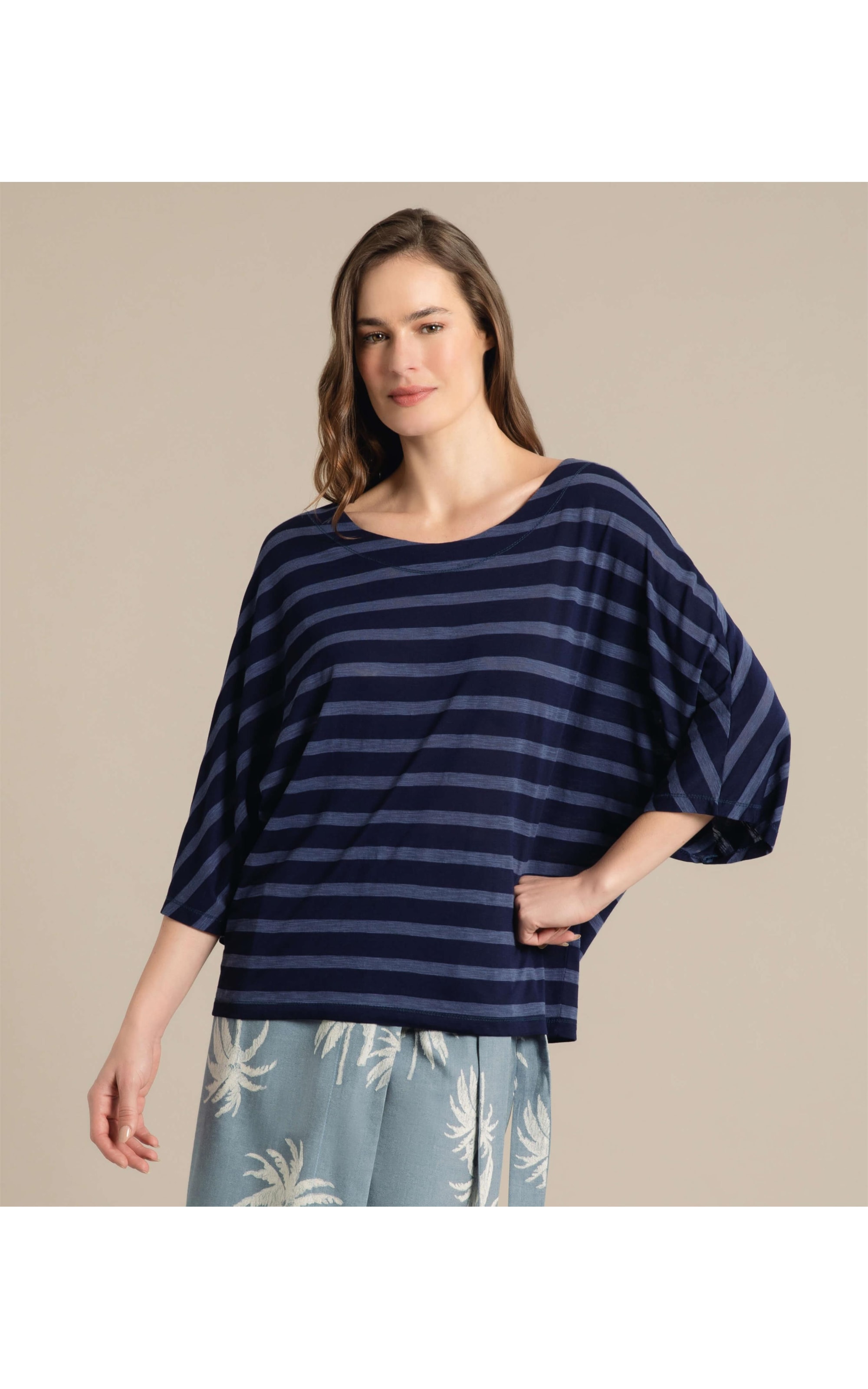 Blusa Lys 7/8 Listrada Marinho
