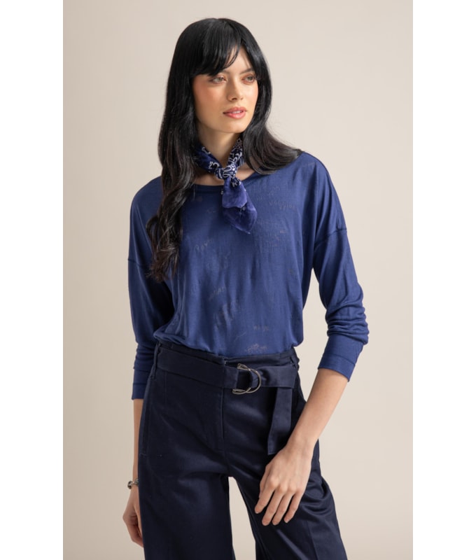 Blusa Manami Devore Viaggio Ml Marinho